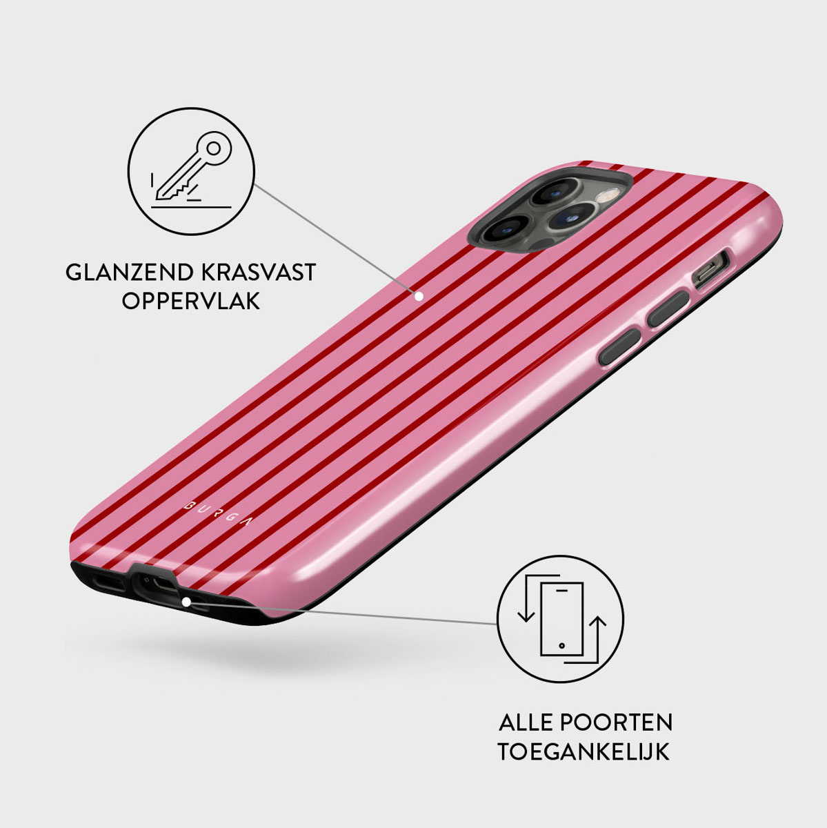 Roze iPhone-hoesje met rode strepen. Tekst en pictogrammen duiden op krasbestendigheid en toegankelijke poorten.
