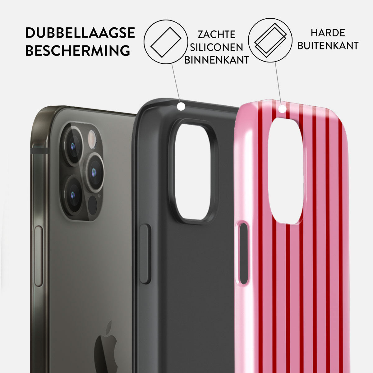 Afbeelding toont een telefoonhoesje met dubbellaagse bescherming: zachte siliconen binnenkant en een harde buitenlaag. De roze hoes heeft verticale rode strepen.