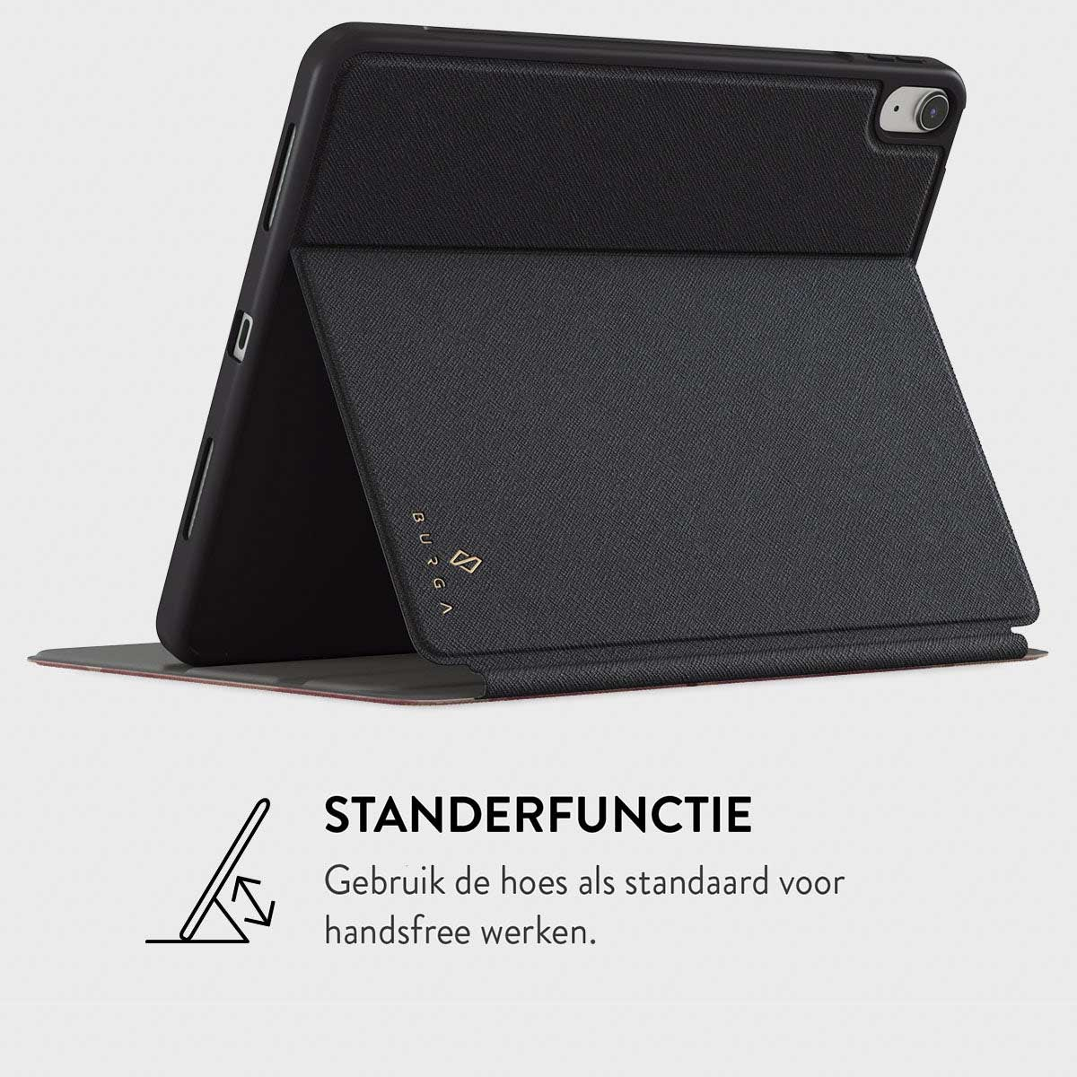 Étui de tablette noir en mode support sur fond blanc. L'étui porte la marque 'BURGA'.