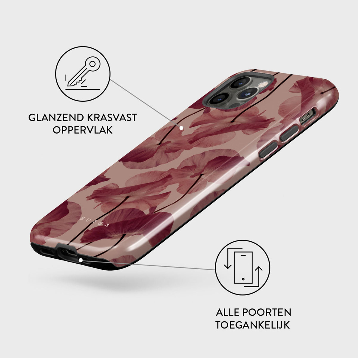 Er wordt een telefoonhoesje met een bloemenpatroon getoond. De hoes is roze met donkerrode bloempatronen.