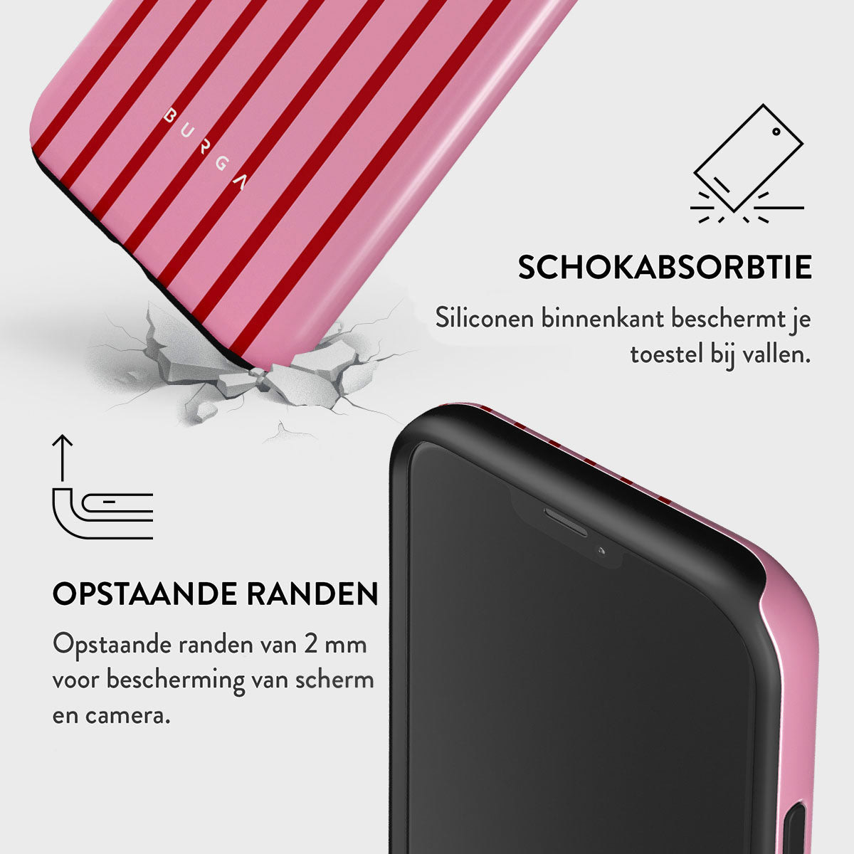 Een roze telefoonhoesje met rode strepen valt. De hoes beschermt een zwarte telefoon. Tekst vermeldt schokabsorptie en opstaande randen.