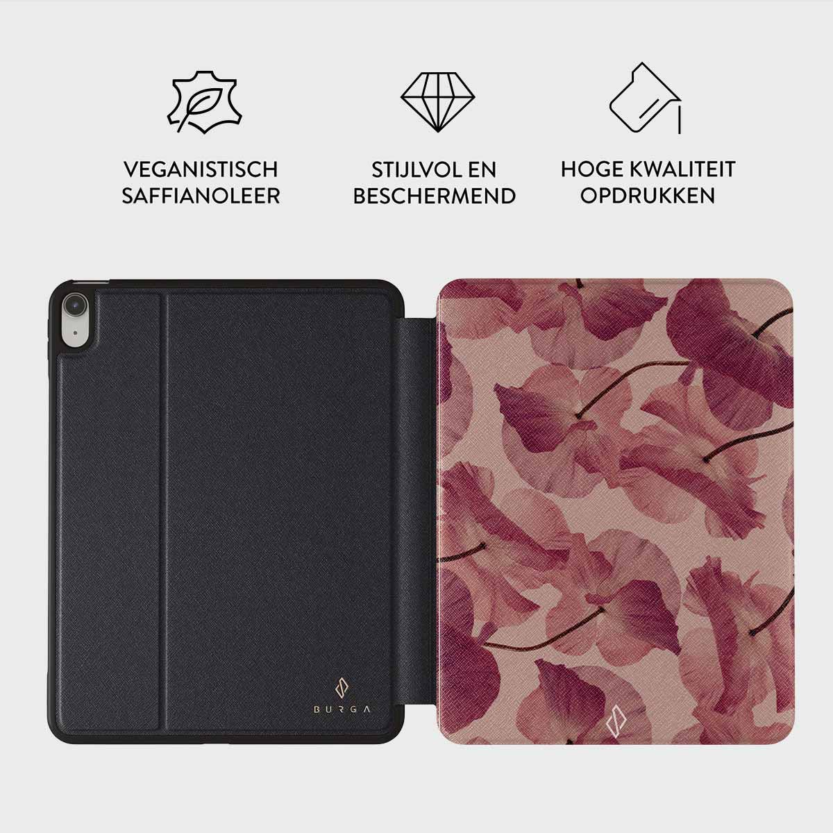 Un étui iPad ouvert avec un imprimé floral sur la couverture et un intérieur gris foncé. En haut, texte en néerlandais: végétalien, élégant, de haute qualité.