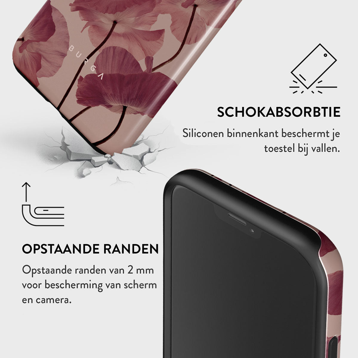 Telefoonhoesje met bloemenmotief, gebarsten grondeffect en een telefoon. Kenmerken: schokabsorptie, opstaande randen voor scherm en camera.