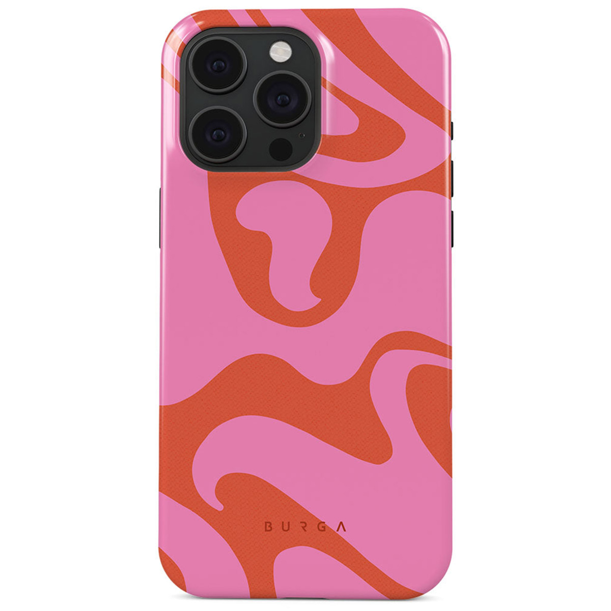Roze telefoonhoesje met een oranje golfpatroon. Het heeft een cameramodule met drie lenzen. Het merk BURGA staat onderaan.