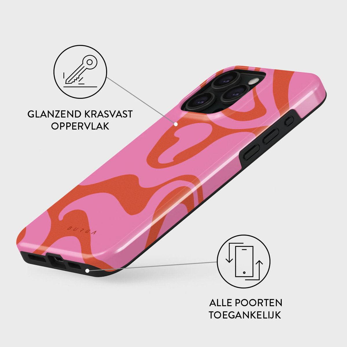 Roze telefoonhoesje met oranje wervelingen. Het heeft zwarte randen en een glanzende afwerking. Tekst en pictogrammen zijn zichtbaar.