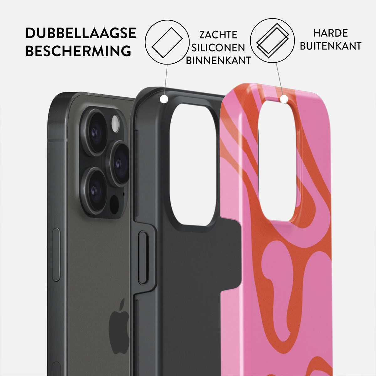 Een telefoonhoesje met een roze en oranje wervelontwerp, dat de dubbellaagse bescherming en de zachte siliconen aan de binnenkant laat zien.