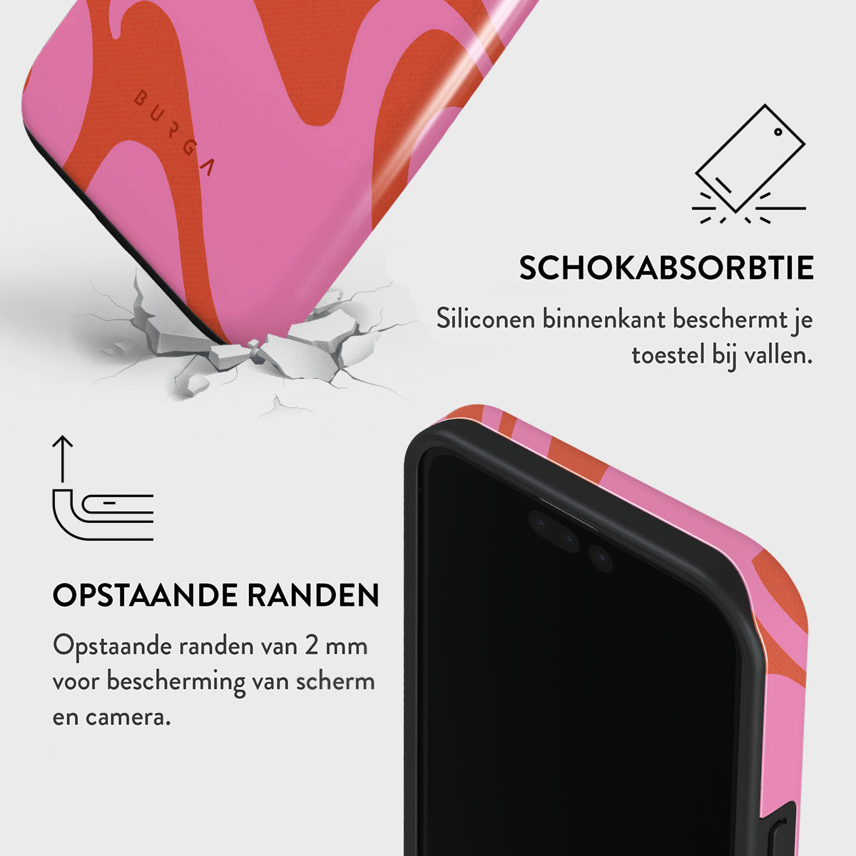 Een telefoonhoesje met roze en oranje golfpatroon wordt getoond. De tekst benadrukt schokabsorptie en verhoogde randen.