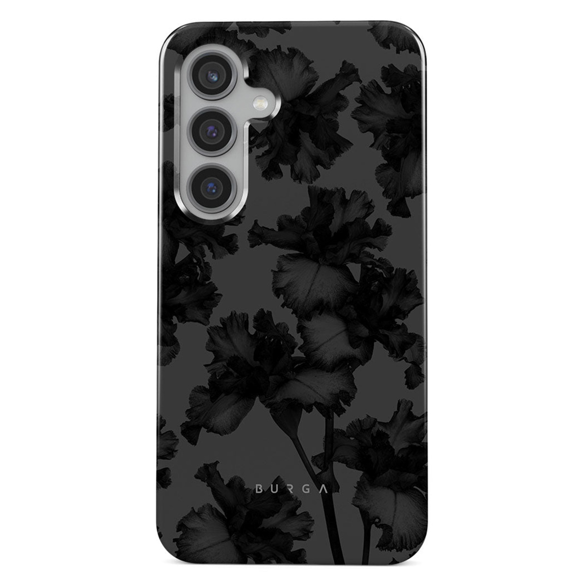 Een telefoonhoesje met een donker bloemenpatroon. Een cameramodule met drie lenzen is zichtbaar. Het merk 'BURGA' staat onderaan.
