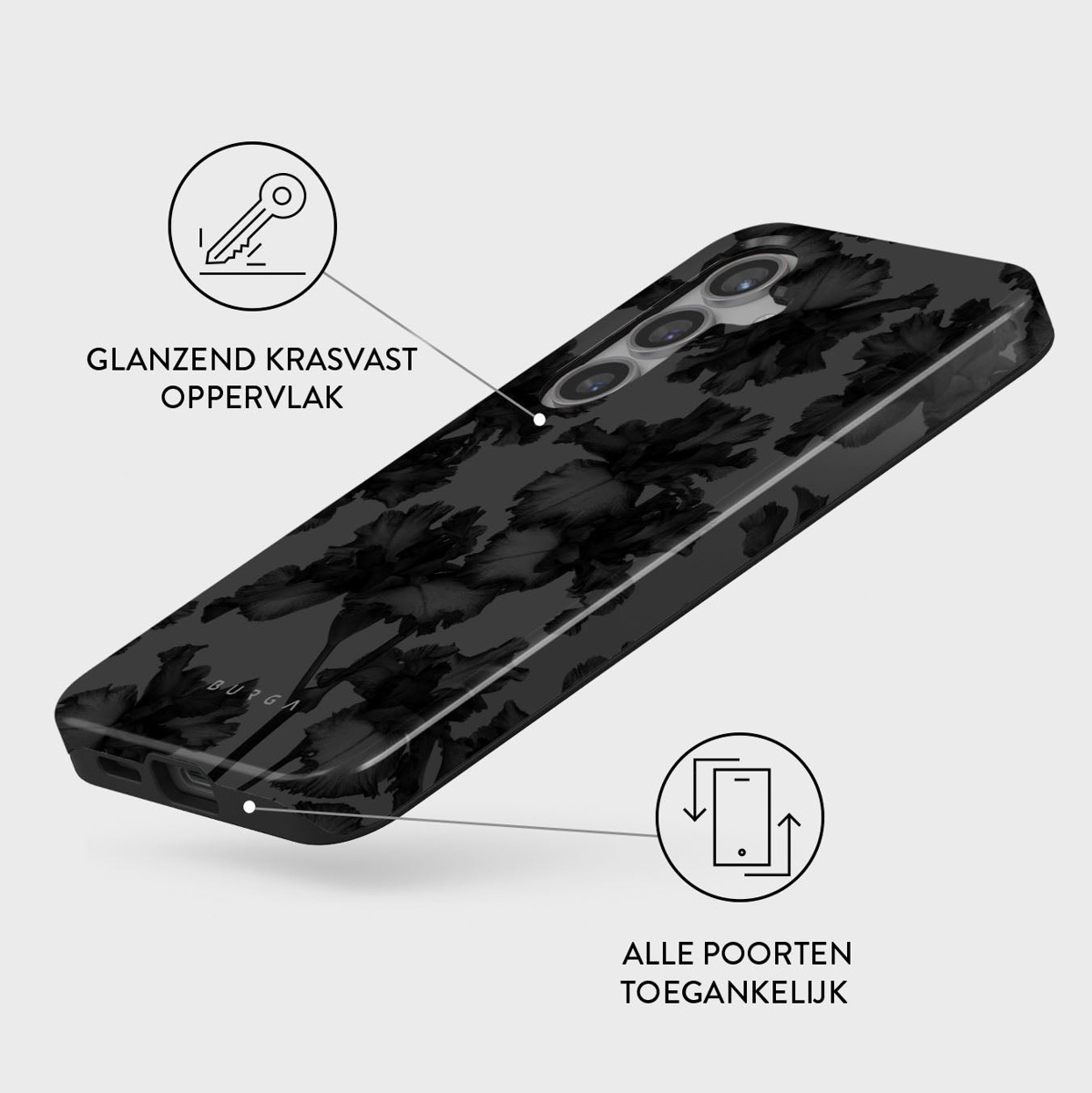 Een telefoonhoesje met zwart bloemmotief. Tekst geeft een krasbestendig oppervlak en toegankelijke poorten aan. Een sleutelpictogram is zichtbaar.
