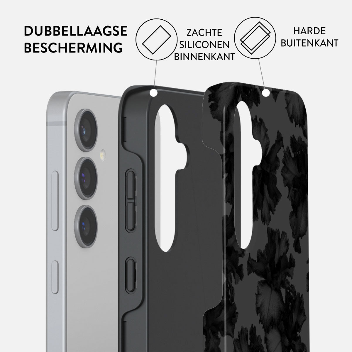 Een telefoonhoesje met een bloemenpatroon. Het heeft dubbele bescherming: zachte siliconen binnenkant en een harde buitenkant.