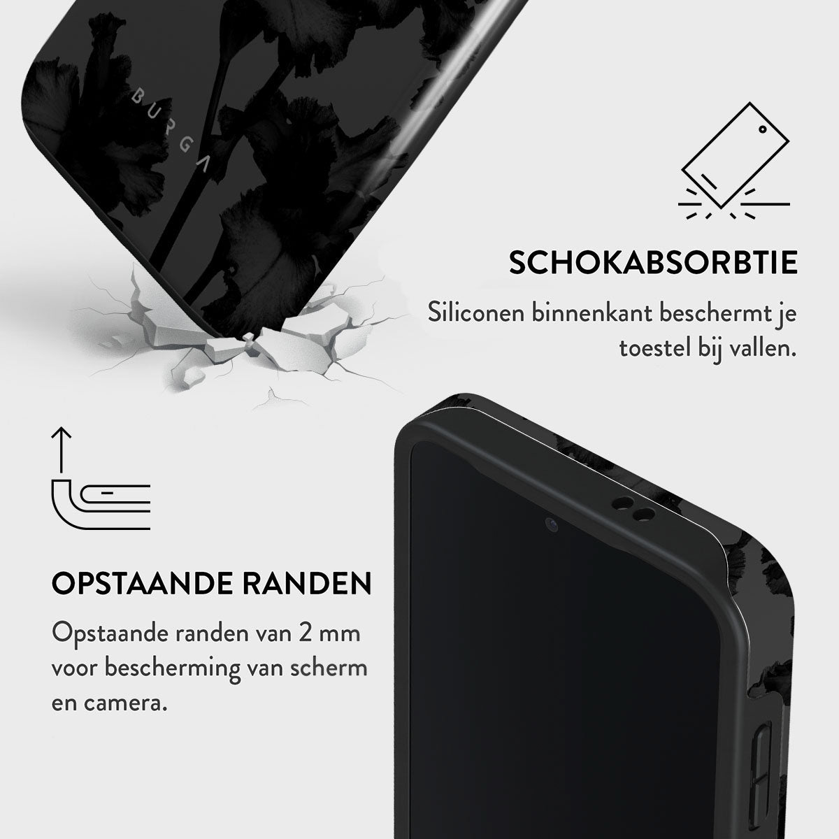 Een telefoonhoesje met een bloemenontwerp. De tekst beschrijft schokabsorptie en verhoogde randen voor scherm- en camerabescherming.