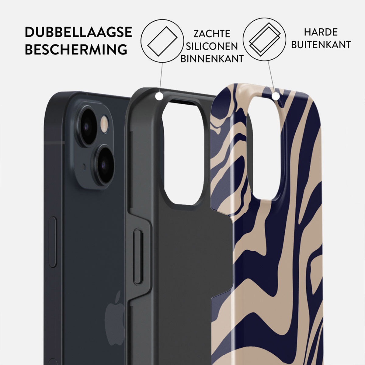 Image shows layers of a phone case. A phone, a black inner layer, and a patterned outer layer. Text indicates 'double-layer protection'.