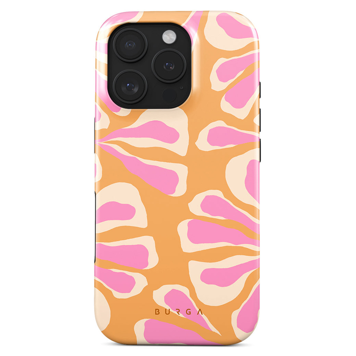 Une coque de téléphone avec un fond orange, un motif floral rose et des accents crème. La coque a un appareil photo noir et la marque BURGA.