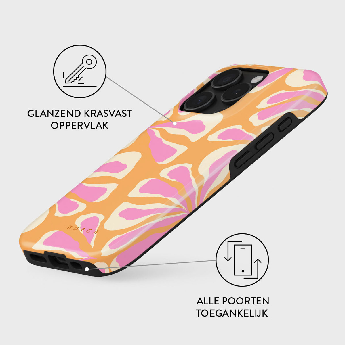 Une coque de téléphone avec un motif floral orange, rose et crème. Elle présente une surface brillante, résistante aux rayures et des ports accessibles.
