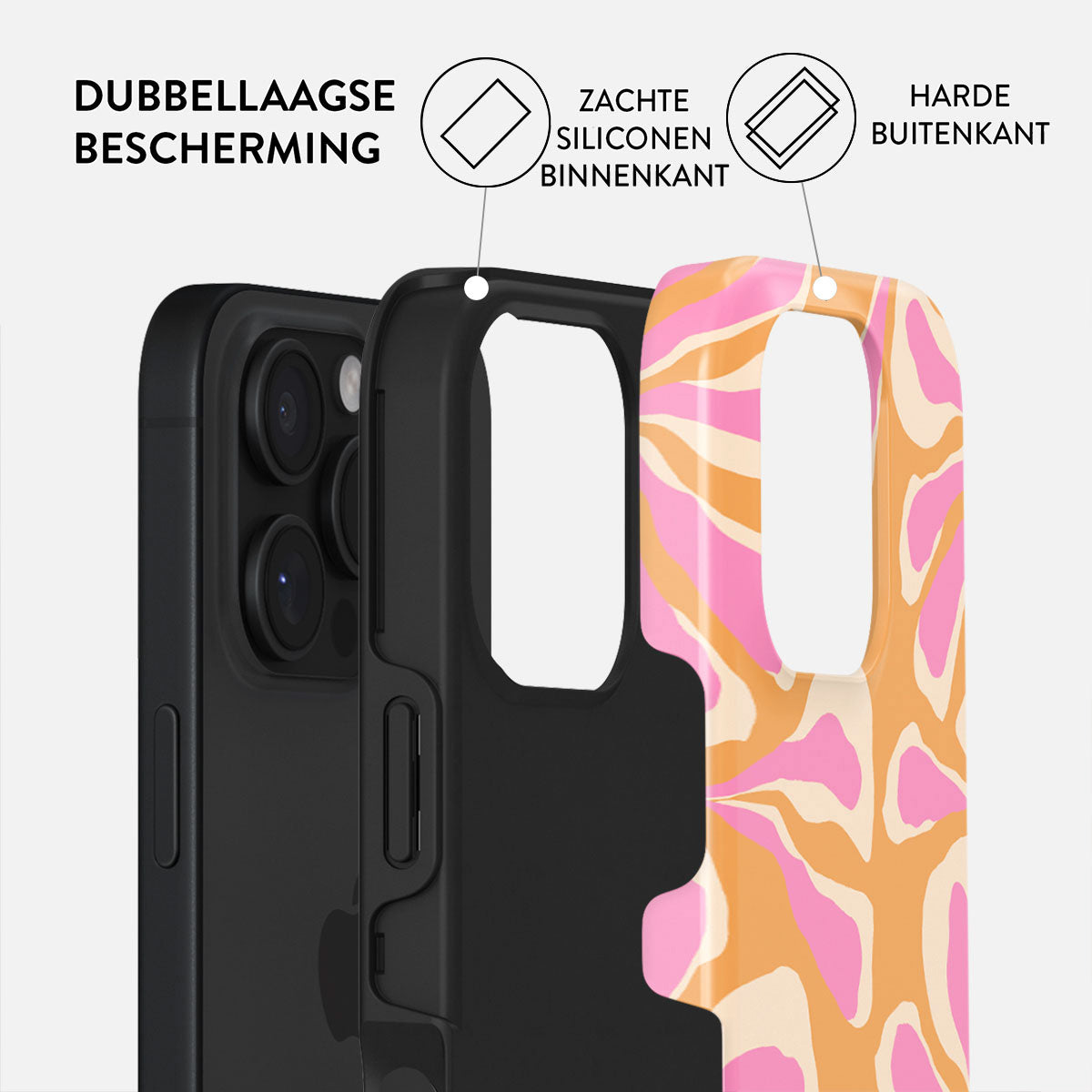 Coque de téléphone avec couche extérieure noire et couche intérieure à motif rose et orange. Texte : 'Protection double couche'.