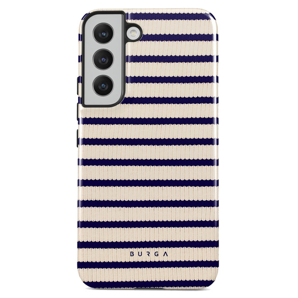 Een telefoonhoesje met marineblauwe en crèmekleurige horizontale strepen. De telefoon heeft camera's linksboven. De merknaam 'BURGA' is zichtbaar.
