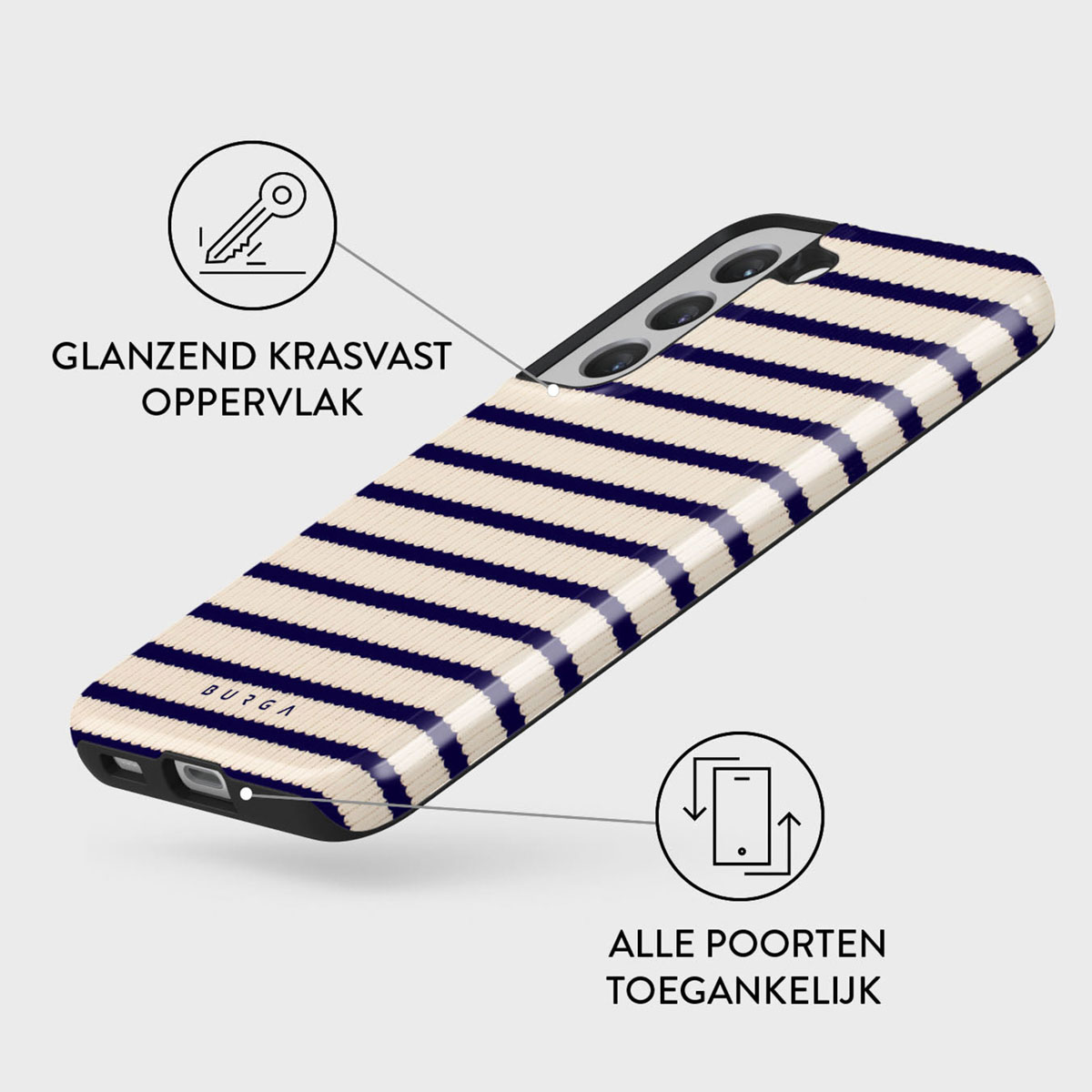 Een telefoonhoesje met strepenpatroon. Marineblauwe strepen op een beige achtergrond. Illustraties en Nederlandse tekst zijn ook zichtbaar.