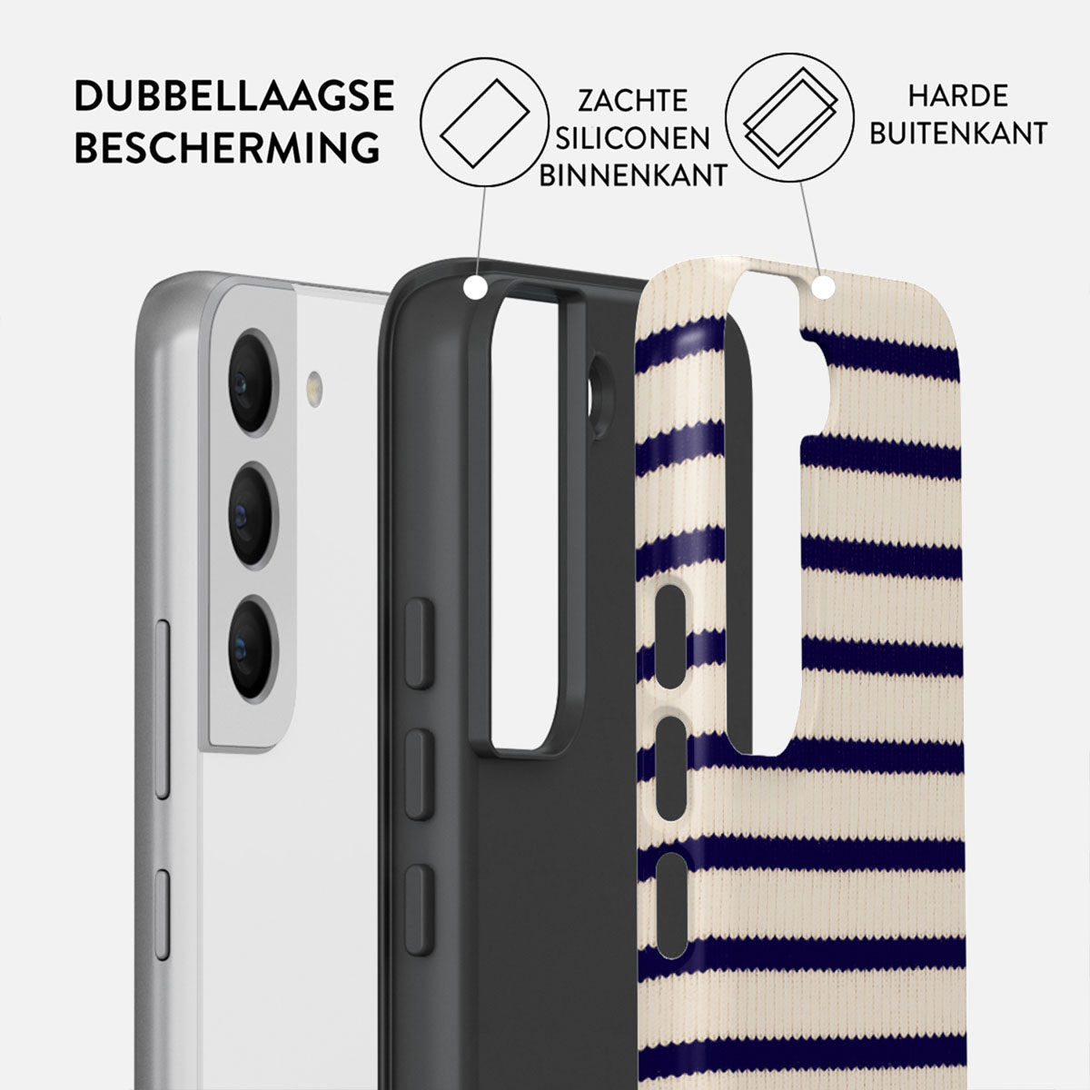 Een telefoonhoesje toont dubbellaagse bescherming. De binnenkant is zwart, de buitenkant heeft een crèmekleurige achtergrond met marineblauwe strepen.