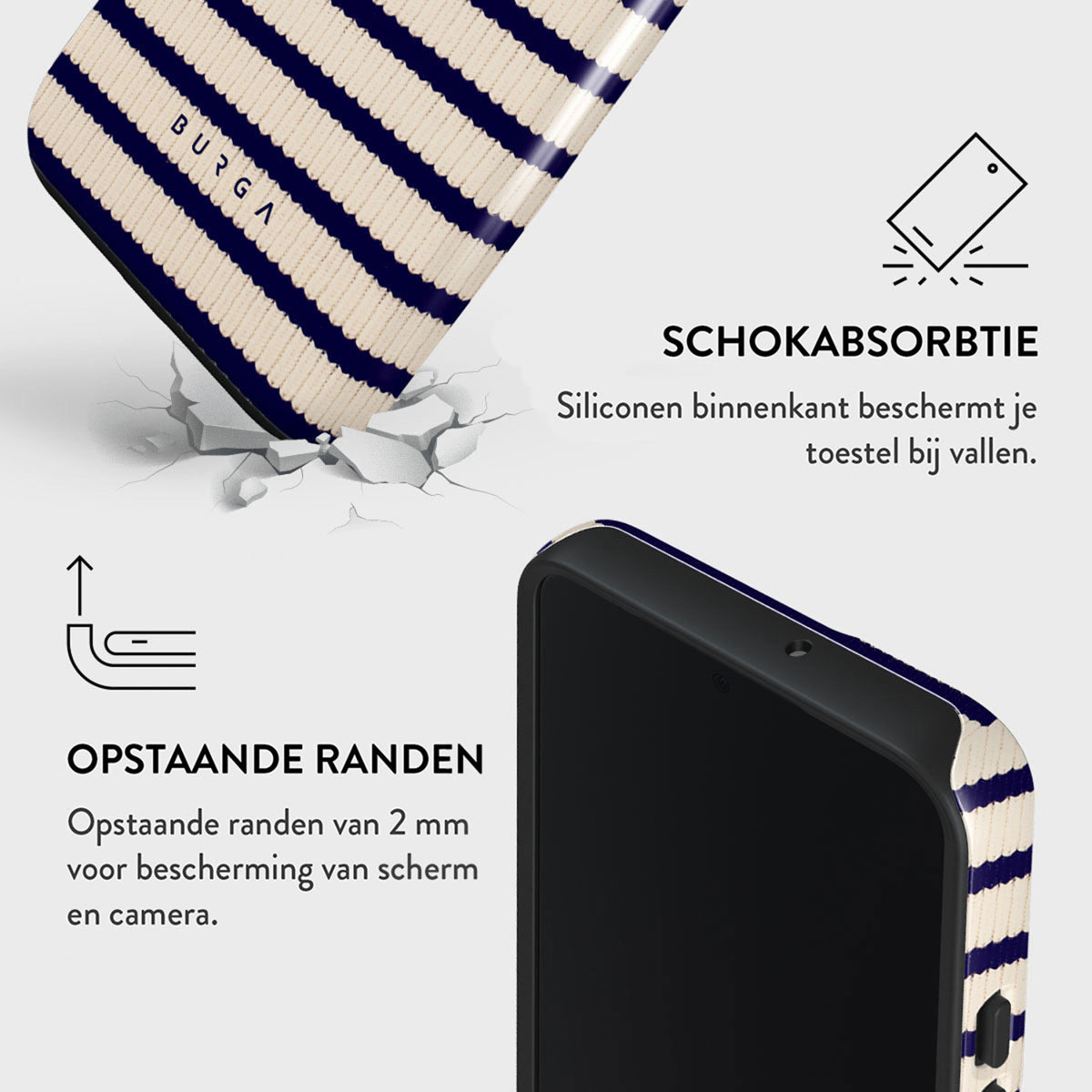 Een telefoonhoesje met blauw-witte strepen. Tekst geeft schokabsorptie en verhoogde randen aan voor scherm- en camerabescherming.