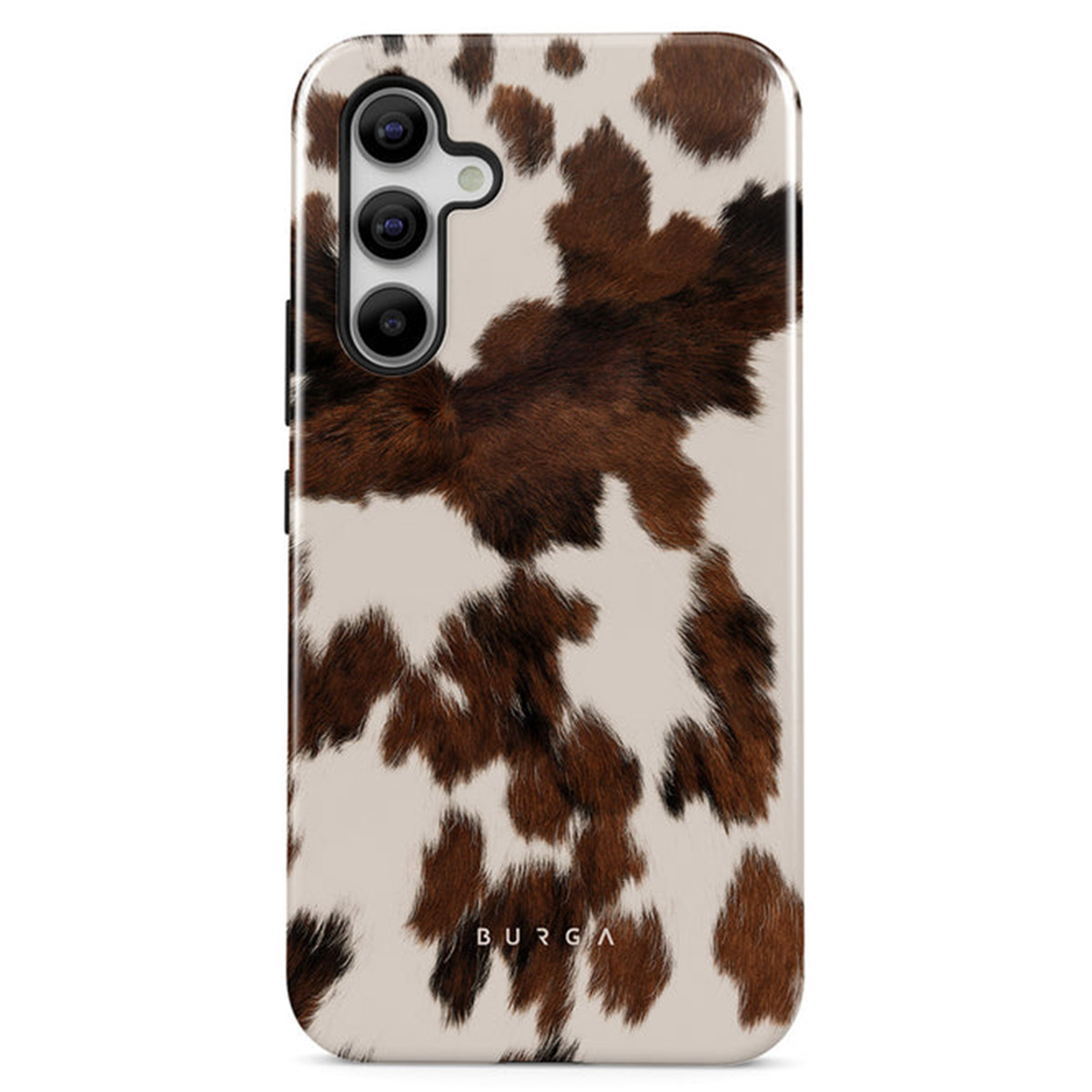 Een telefoonhoesje met een koeienhuidpatroon. Het heeft bruine en witte vlekken, en het woord BURGA is onderaan zichtbaar.
