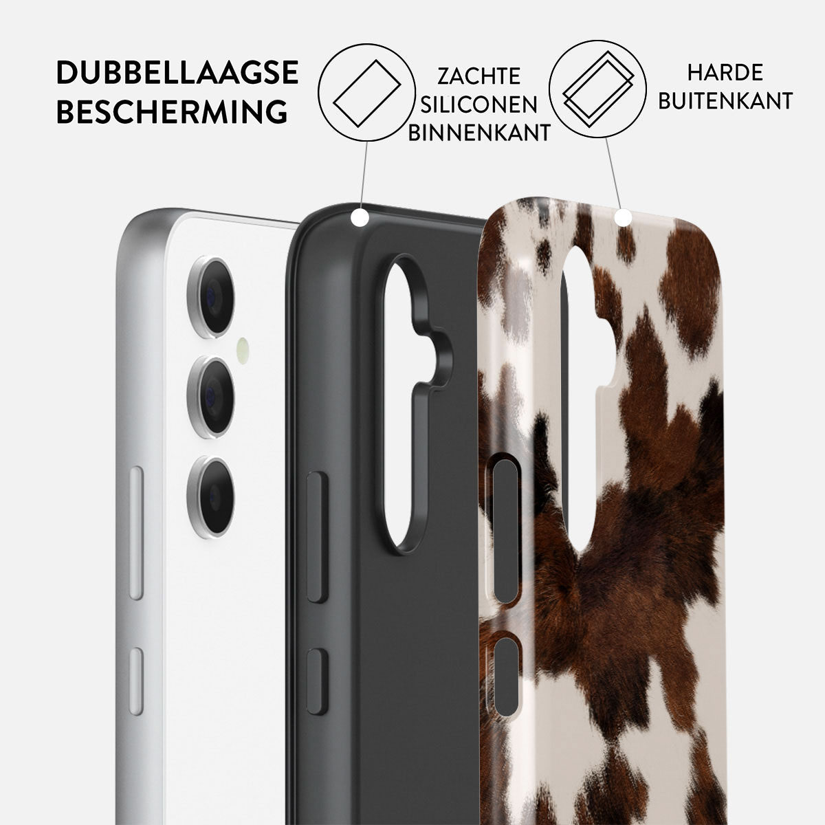 Afbeelding toont een telefoonhoesje met drie lagen: telefoon, zwarte binnenkant en buitenkant met koeienprint. Tekst geeft 'dubbele laag bescherming' aan.