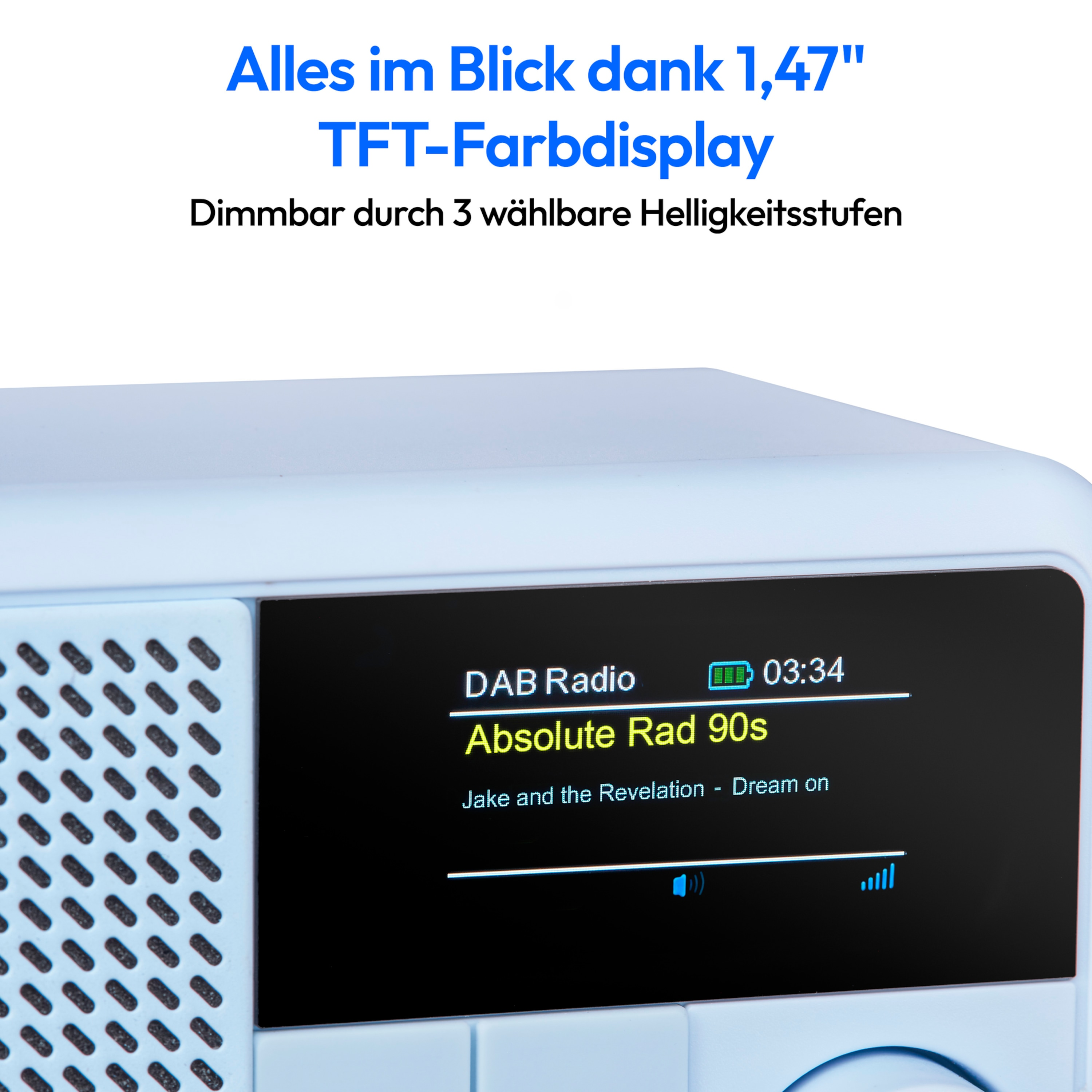A blue radio displays DAB Radio, Absolute Rad 90s, and song information on a black screen.