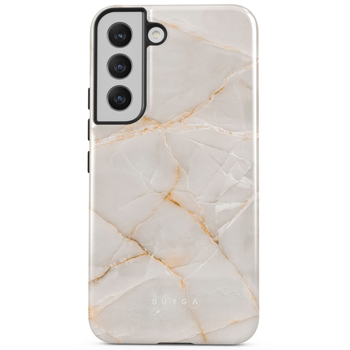 Een smartphone met een marmerpatroon hoesje. De hoes is wit met gouden aders. Het heeft een camera-array en het merk BURGA is zichtbaar.