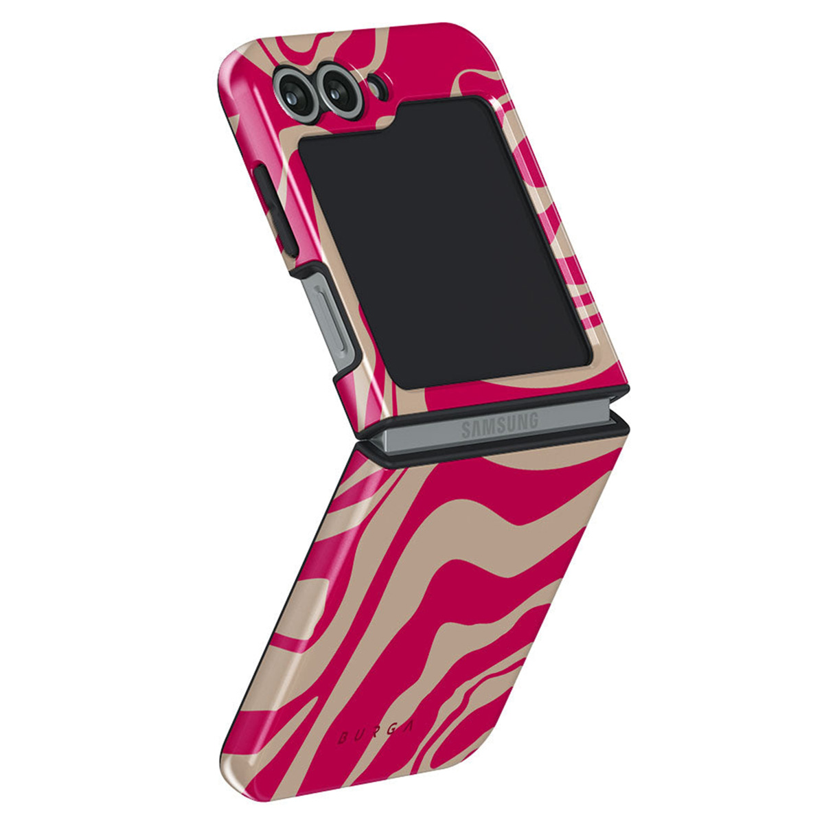 Un étui de téléphone à motifs rose et beige dans un design à clapet ouvert, avec le logo Samsung et la marque Burga.
