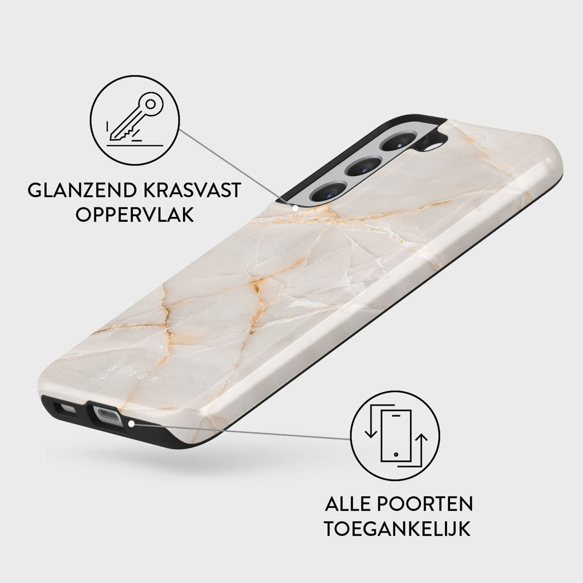 Een smartphonehoesje met een marmeren design. Het heeft een zwart frame, het oppervlak is wit en goud. Tekst en iconen aan de zijkanten.