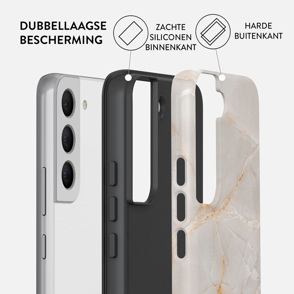 Telefoonhoesje met beschermlagen. Binnenste siliconenlaag, zwart midden en marmerpatroon buitenkant. Zijkant van de telefoon zichtbaar.