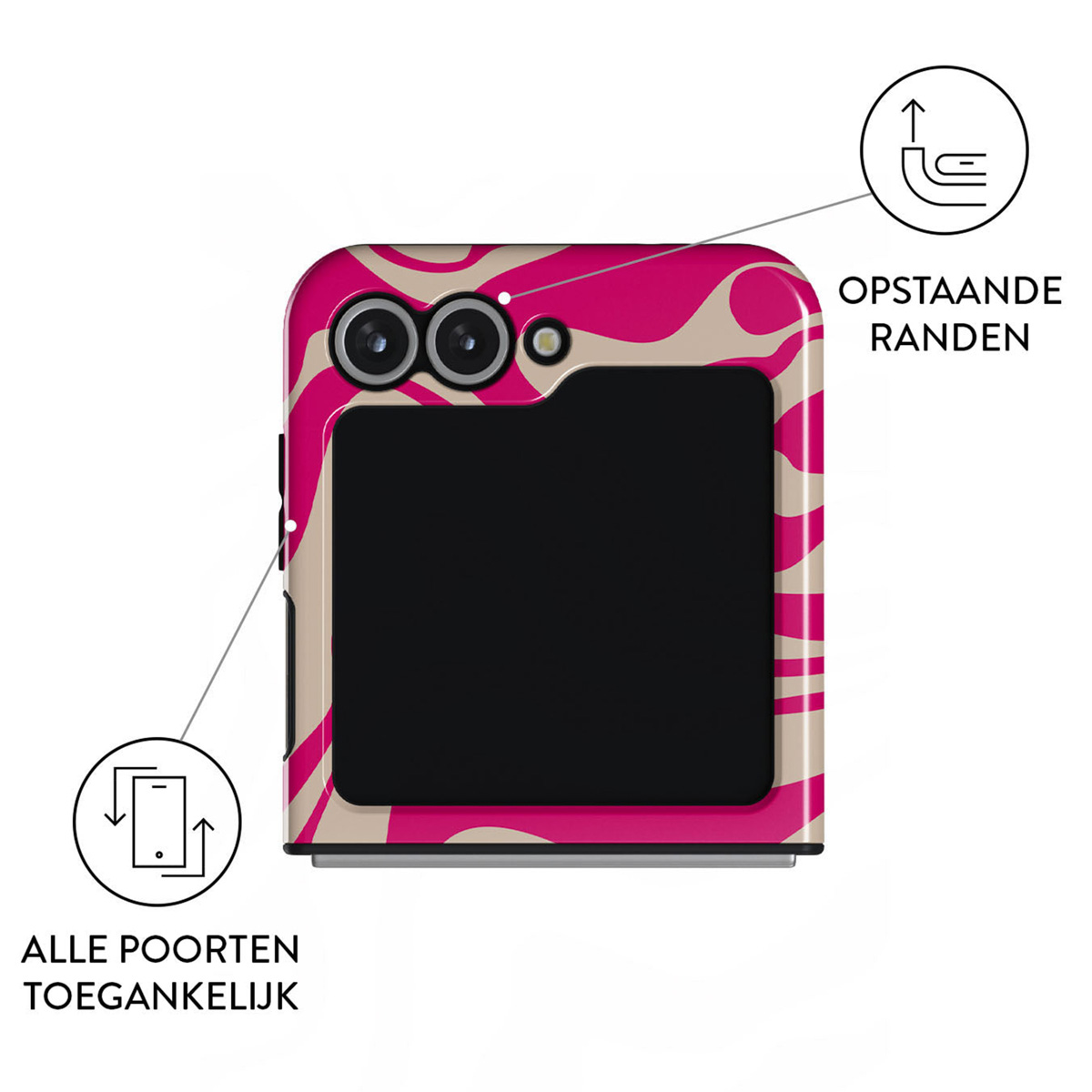 Coque de téléphone pliable avec design ondulé rose et crème. Texte : 'Tous les ports accessibles' et 'Bords relevés'.