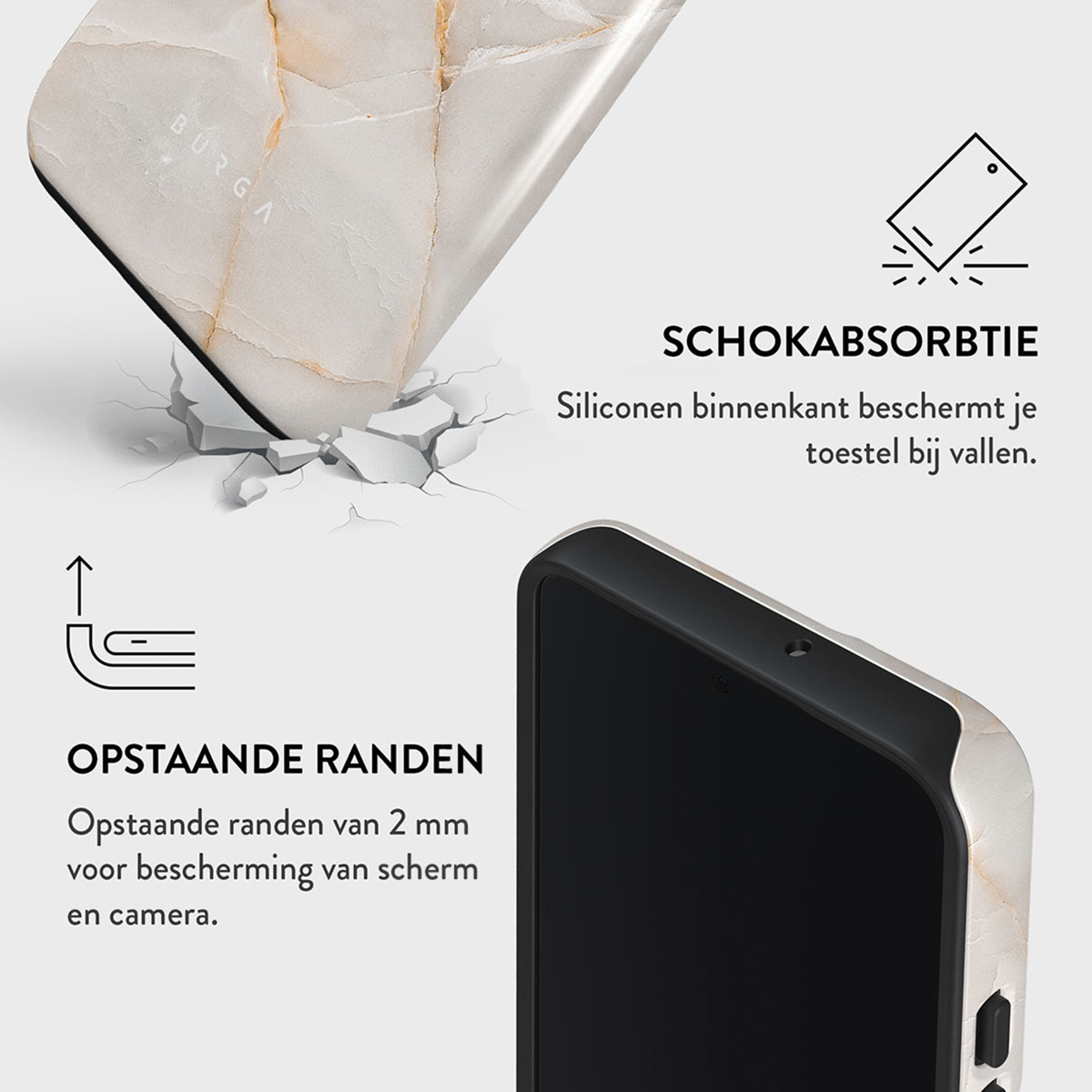 Telefoonhoesje met marmeren design. Tekst geeft schokabsorptie en opstaande randen voor scherm- en camerabescherming aan.