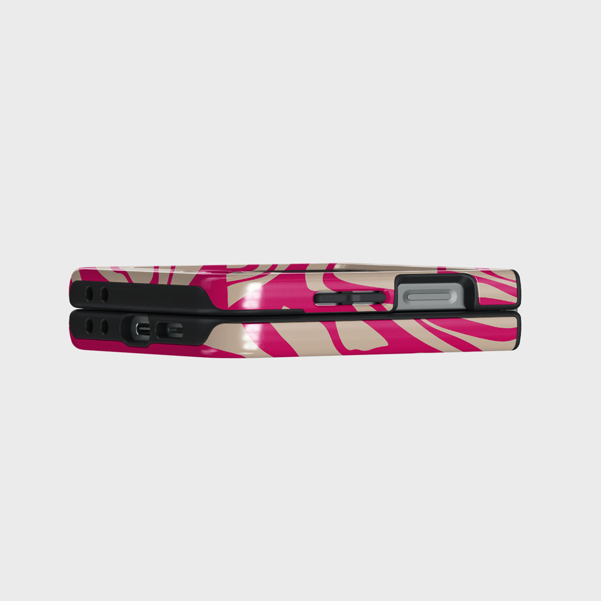 Deux étuis de téléphone empilés, montrant un motif abstrait rose et beige. Les étuis sont noirs sur les côtés.