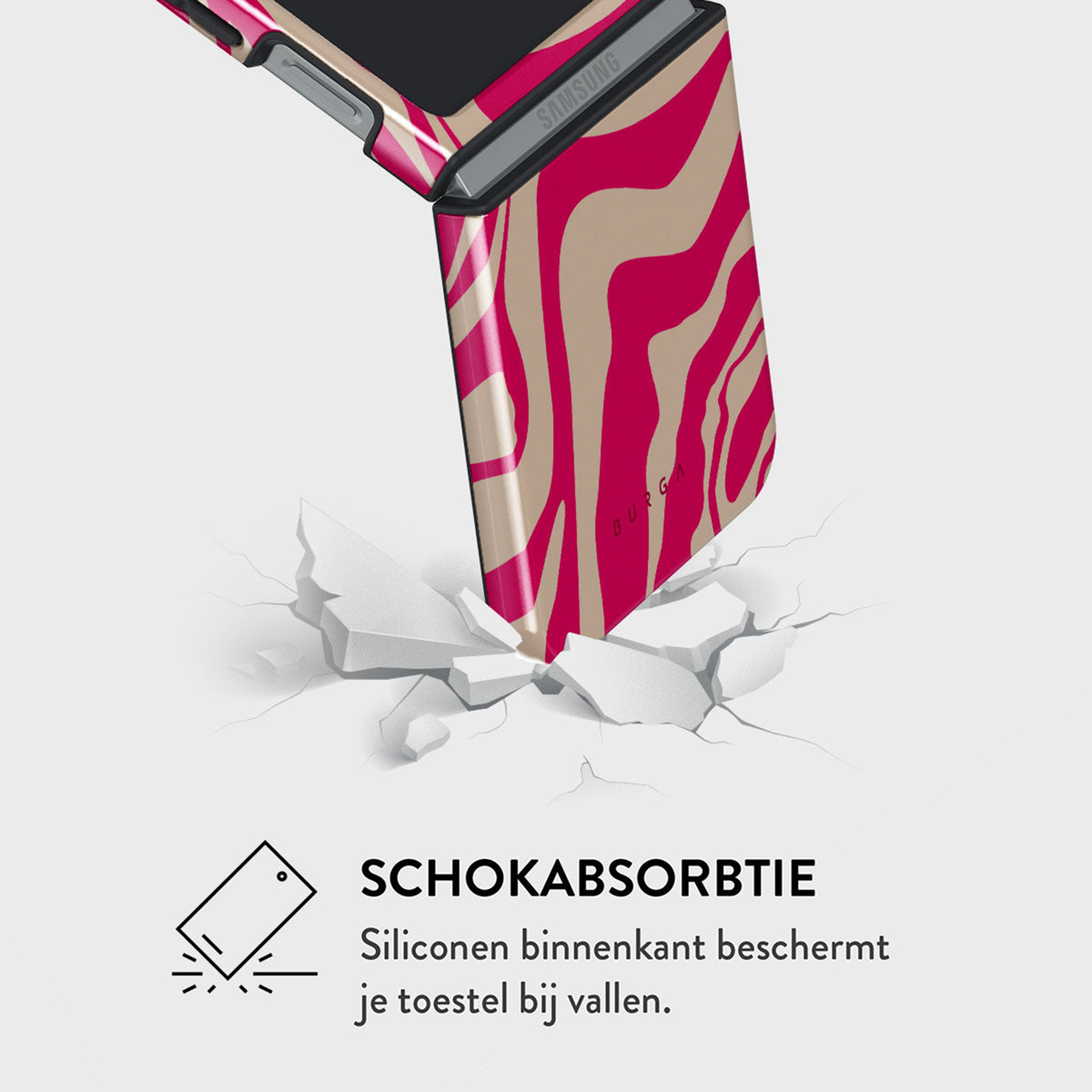 Un étui de téléphone avec un motif zébré rose brise une surface blanche. L'étui est étiqueté Samsung et Burga.