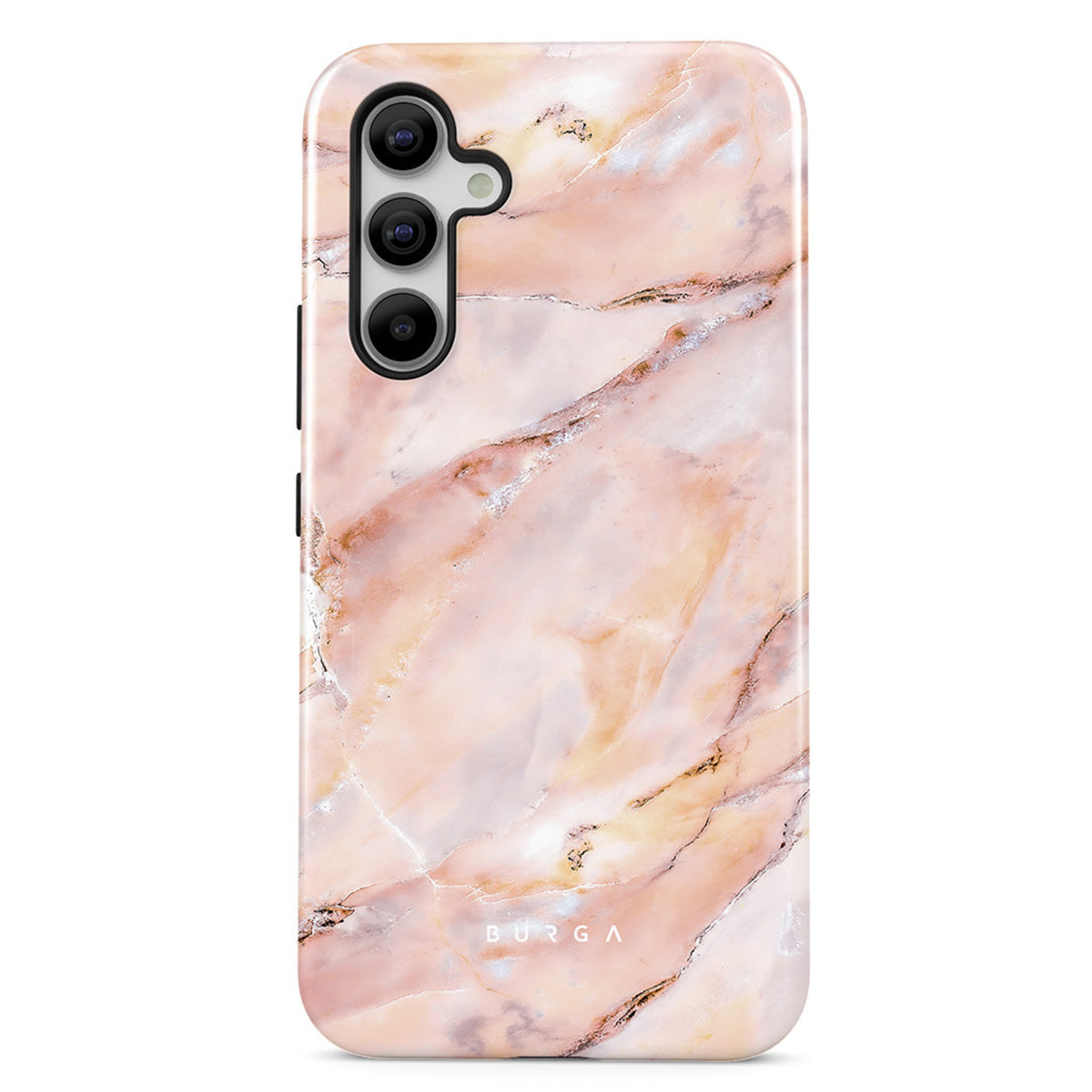 Een telefoonhoesje met marmerontwerp. Het heeft een uitsparing voor de camera en het merk 'BURGA'. Het ontwerp omvat roze, wit en goud.