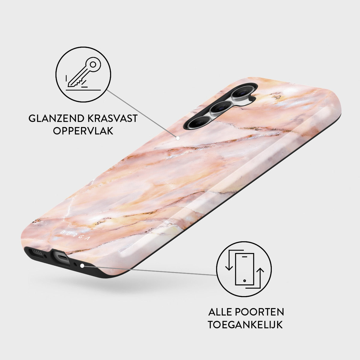 Een telefoonhoesje met een marmeren ontwerp. Het is roze en wit. De hoes heeft een glanzend oppervlak en alle poorten zijn toegankelijk.