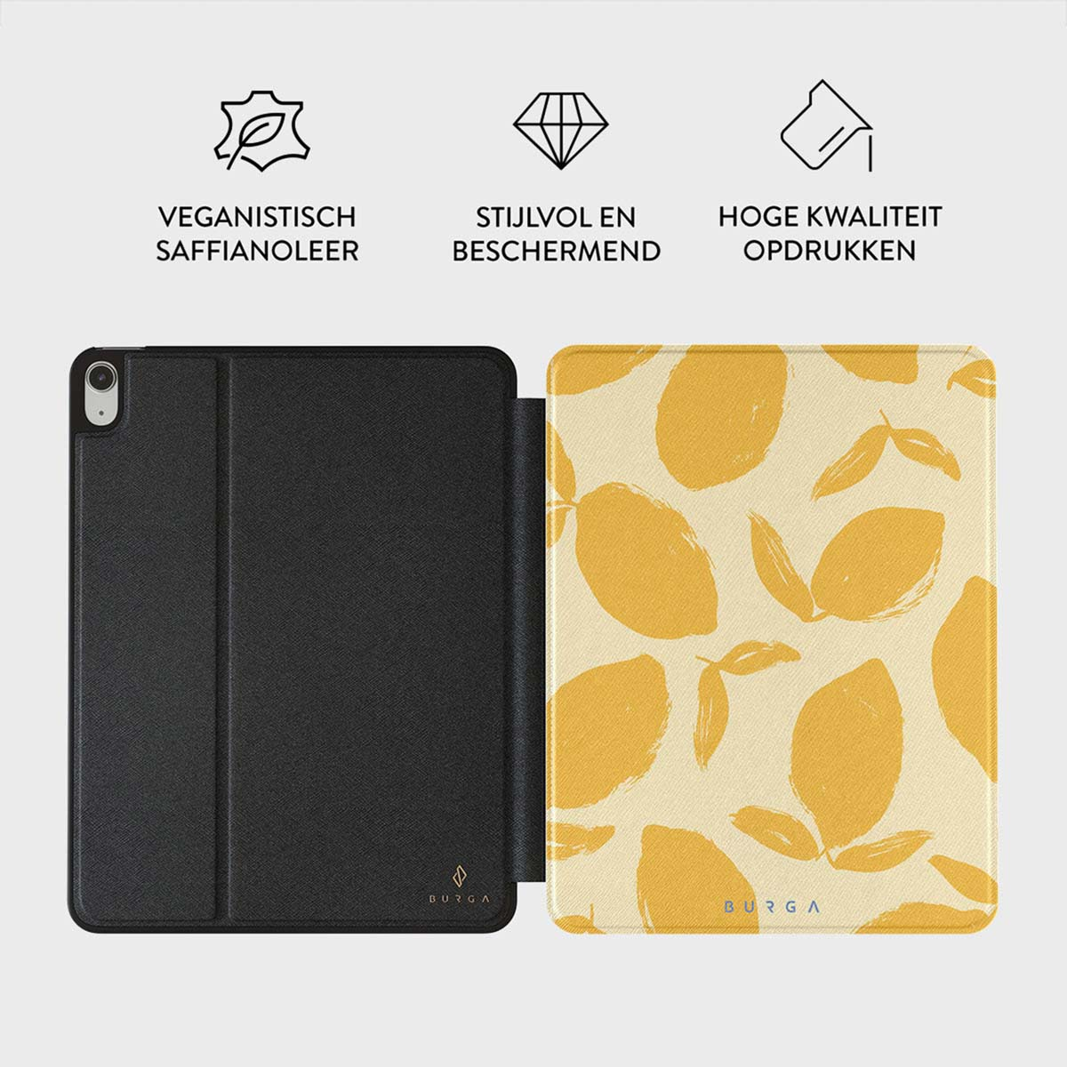 Tablet case open. Left side is black. Right has yellow lemon pattern. Top text: Vegan leather, stylish, high quality.