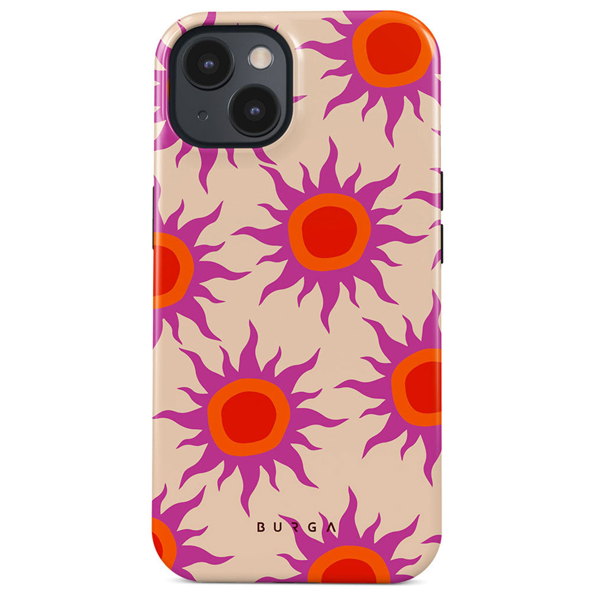 Een telefoonhoesje met een herhalend patroon van gestileerde zonnen. Elke zon heeft een rood centrum, een oranje ring en paarse stralen op een beige achtergrond.