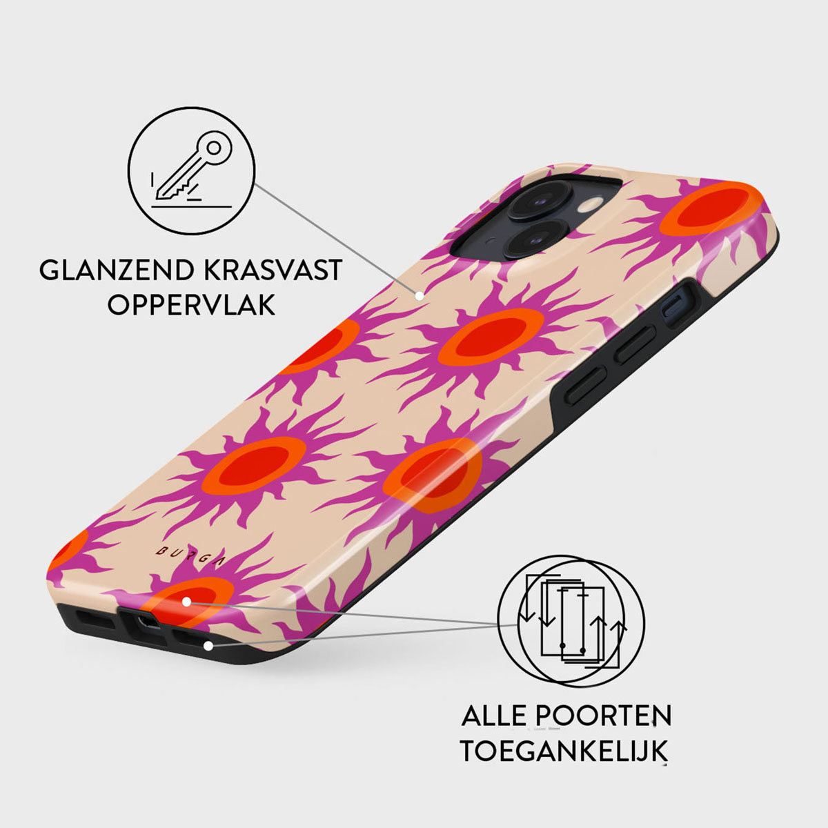 Een telefoonhoesje met een beige achtergrond en een patroon van paarse en oranje zonnestralen.