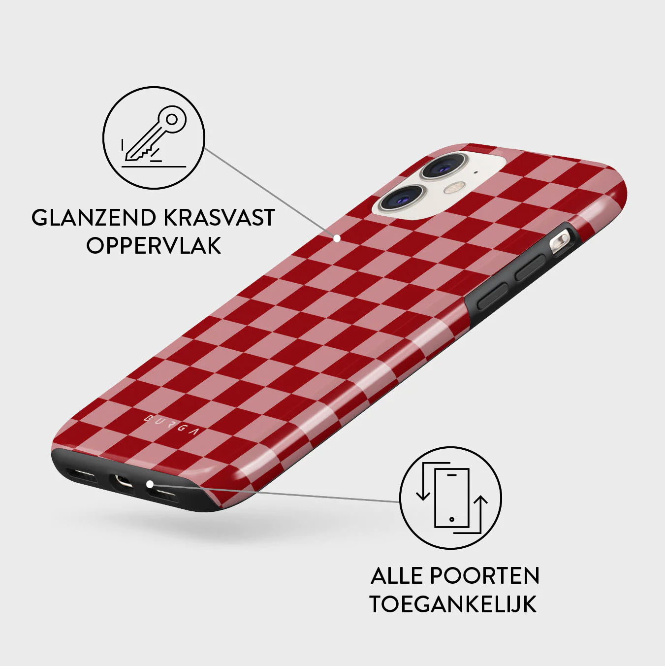 A phone case with a red and pink checkered pattern. It has a glossy surface and is labeled with Dutch text indicating features.