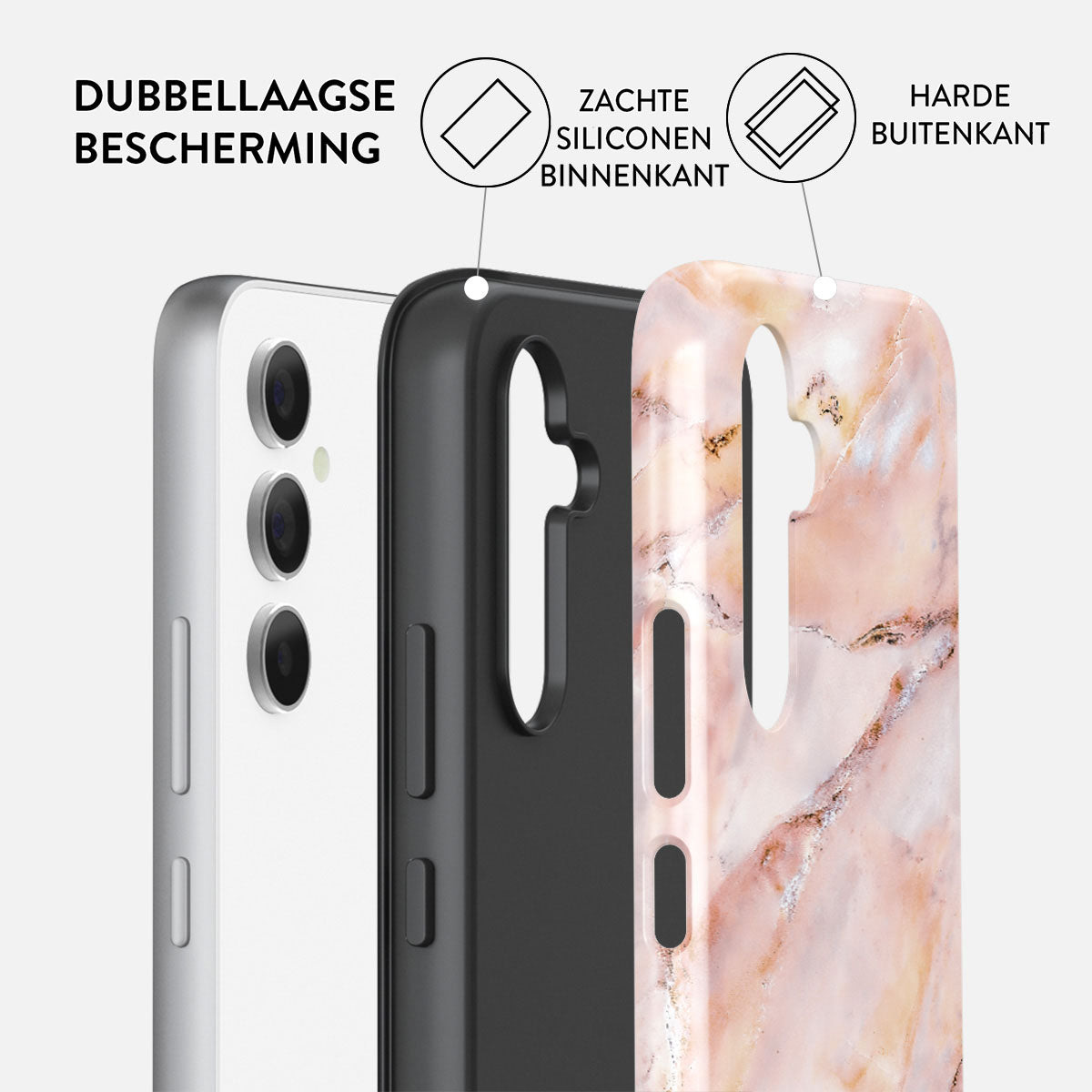 Diagram van een telefoonhoesje met drie lagen: wit, zwart en marmerpatroon. Tekst geeft zachte siliconen binnen- en harde buitenlagen aan.
