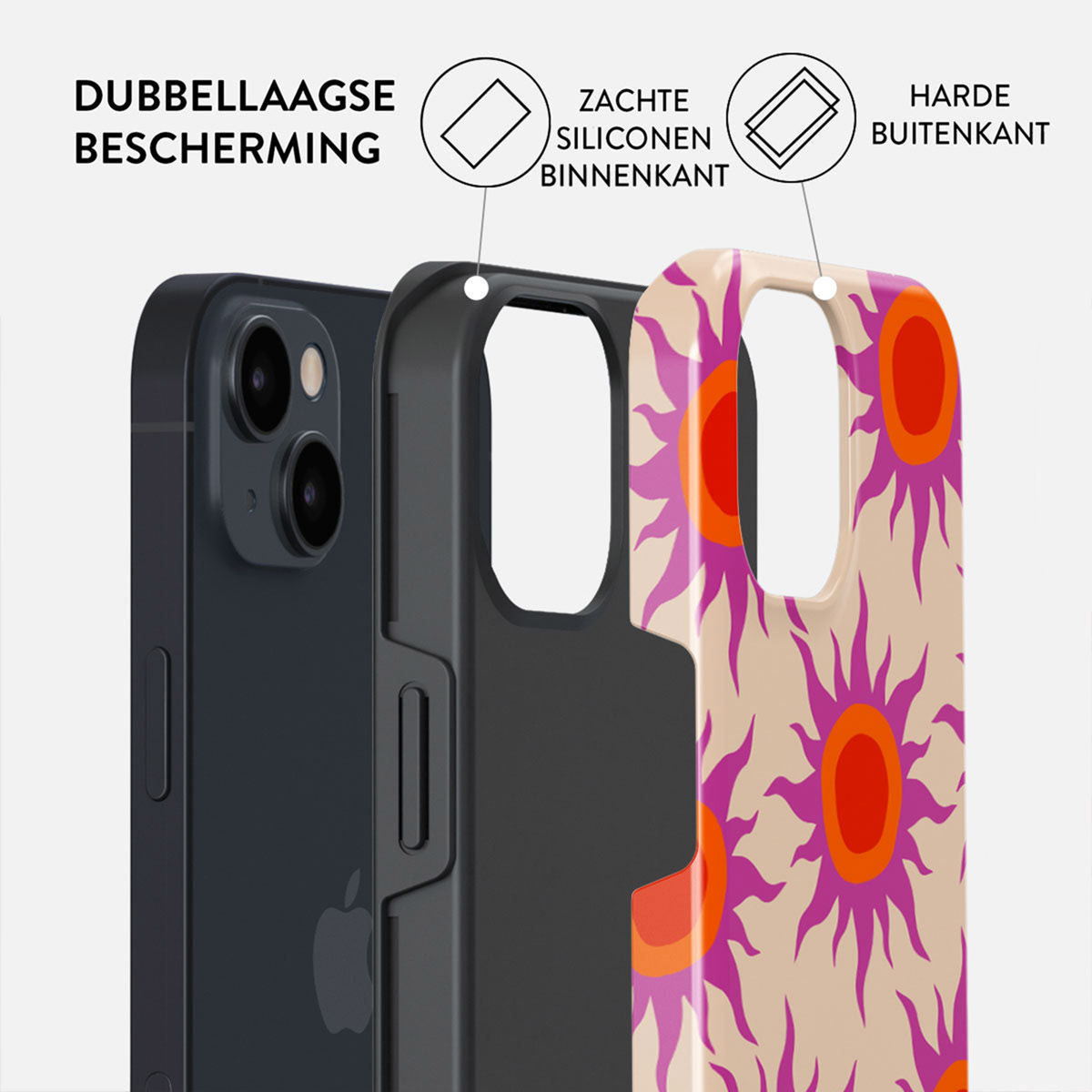 Een telefoonhoesje met drie lagen: telefoon, zwart siliconen en beige met paars zonnedesign. Er zijn Nederlandse teksten aanwezig.