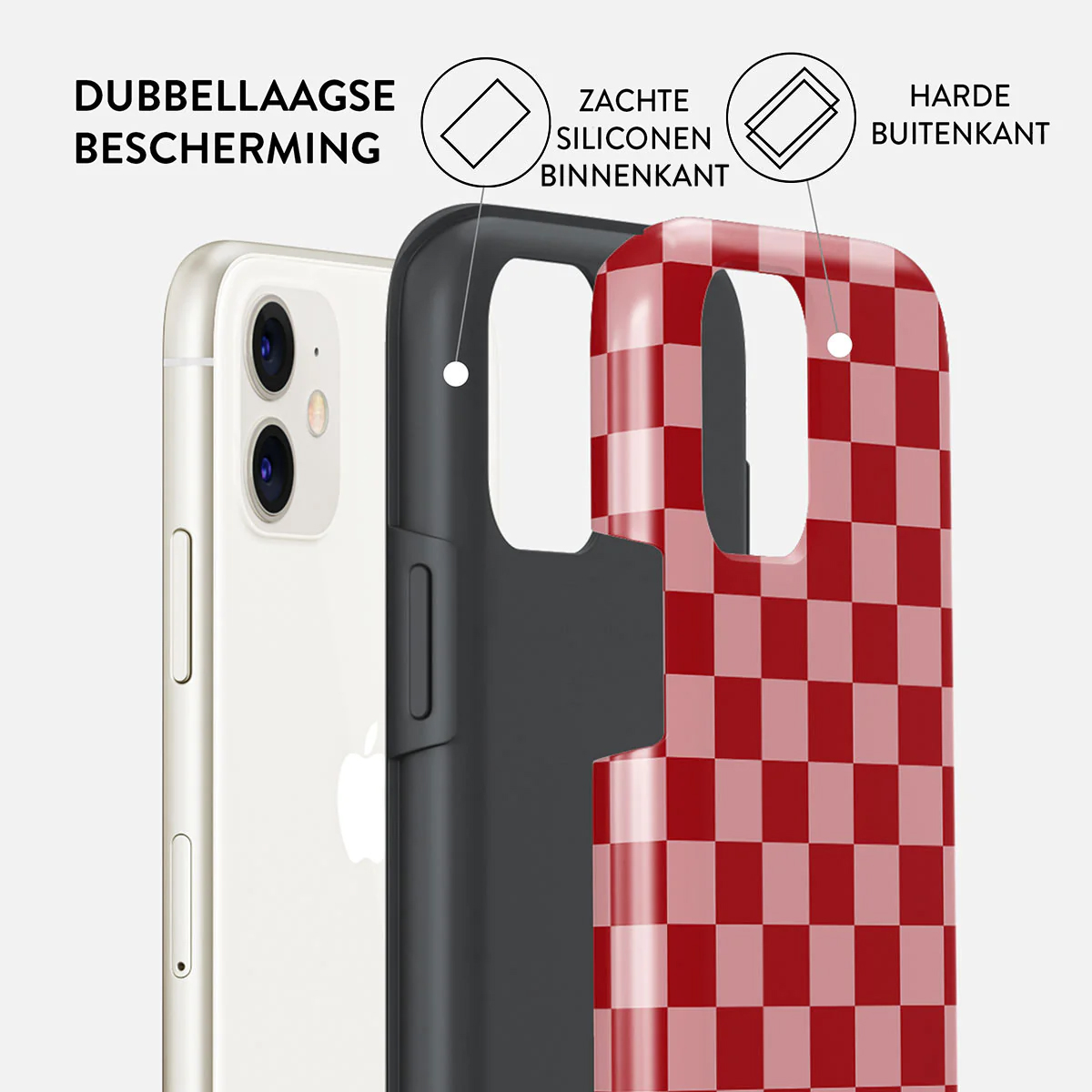 A phone is encased in a case, with a red checkered pattern. Text shows layers of protection: soft silicone interior and hard exterior.