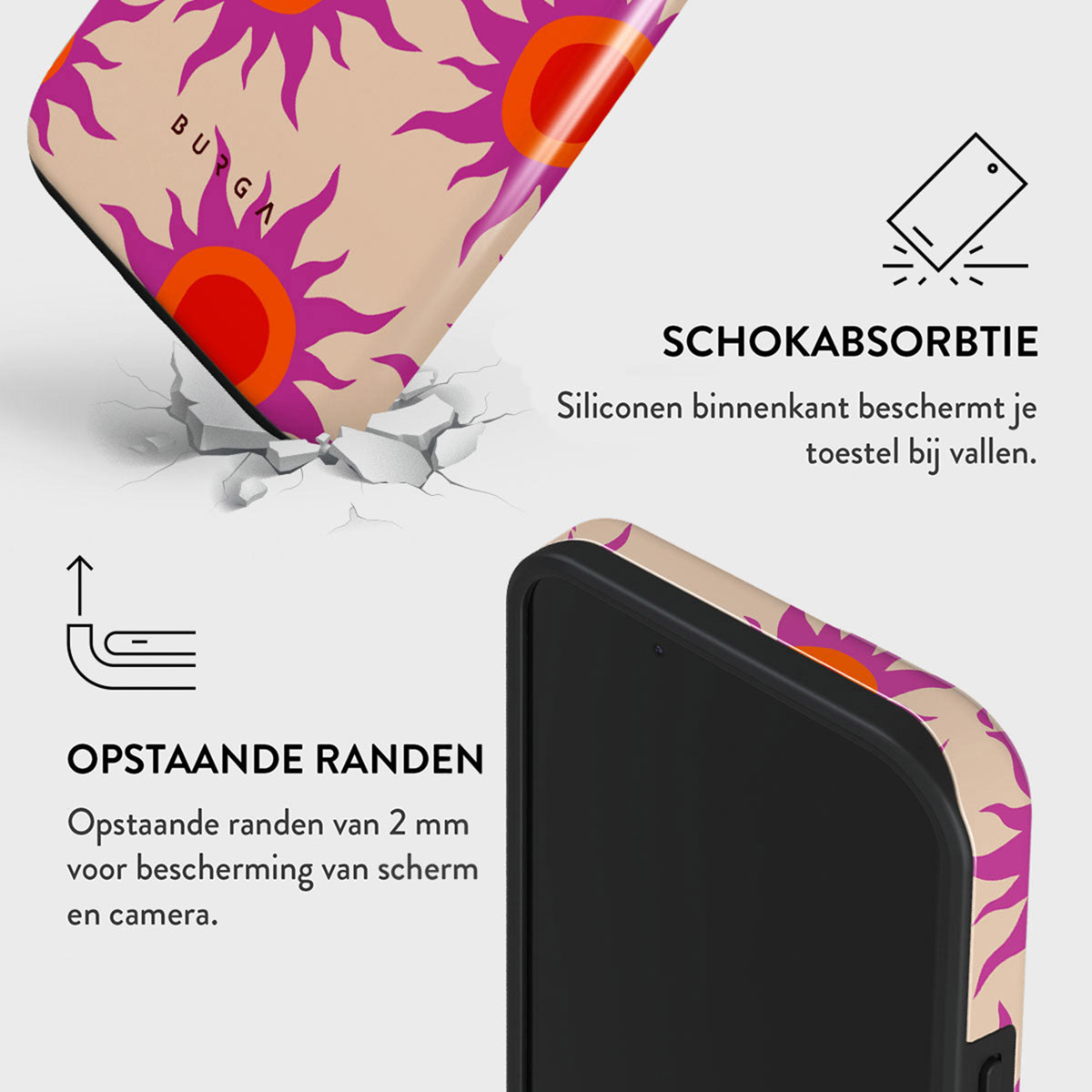 Afbeelding toont telefoonhoesje met bloemenpatroon, gebarsten grond en tekst over schokabsorptie en verhoogde randen voor bescherming.