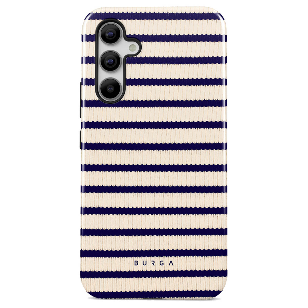 Een smartphonehoesje met een crème- en marineblauw gestreept patroon. Het heeft een cameramodule bovenaan en een merknaam onderaan.