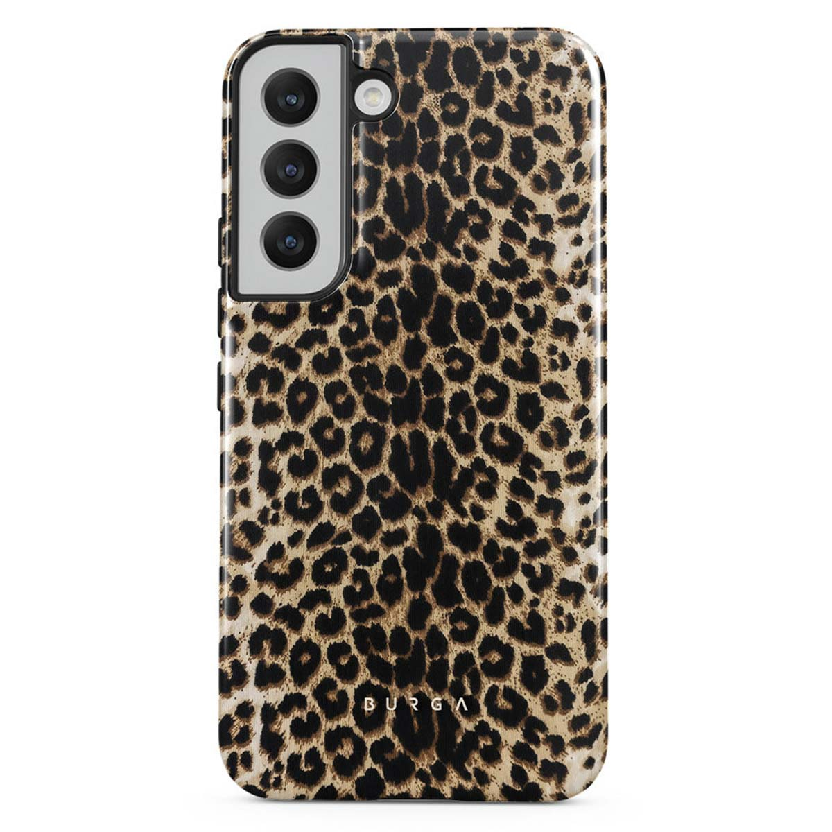 Een telefoonhoesje met een luipaardprint. Het heeft een camera-array en de merknaam 'BURGA' onderaan.
