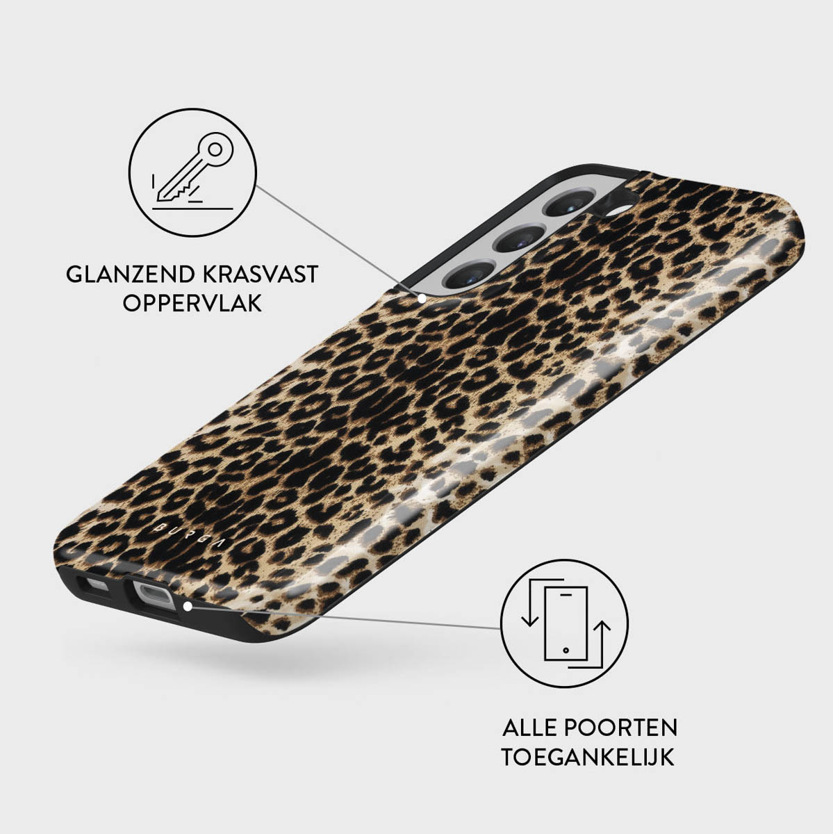 Telefoonhoesje met luipaardprint. Zwarte randen en een glanzende afwerking. Tekst geeft een krasbestendig oppervlak aan.