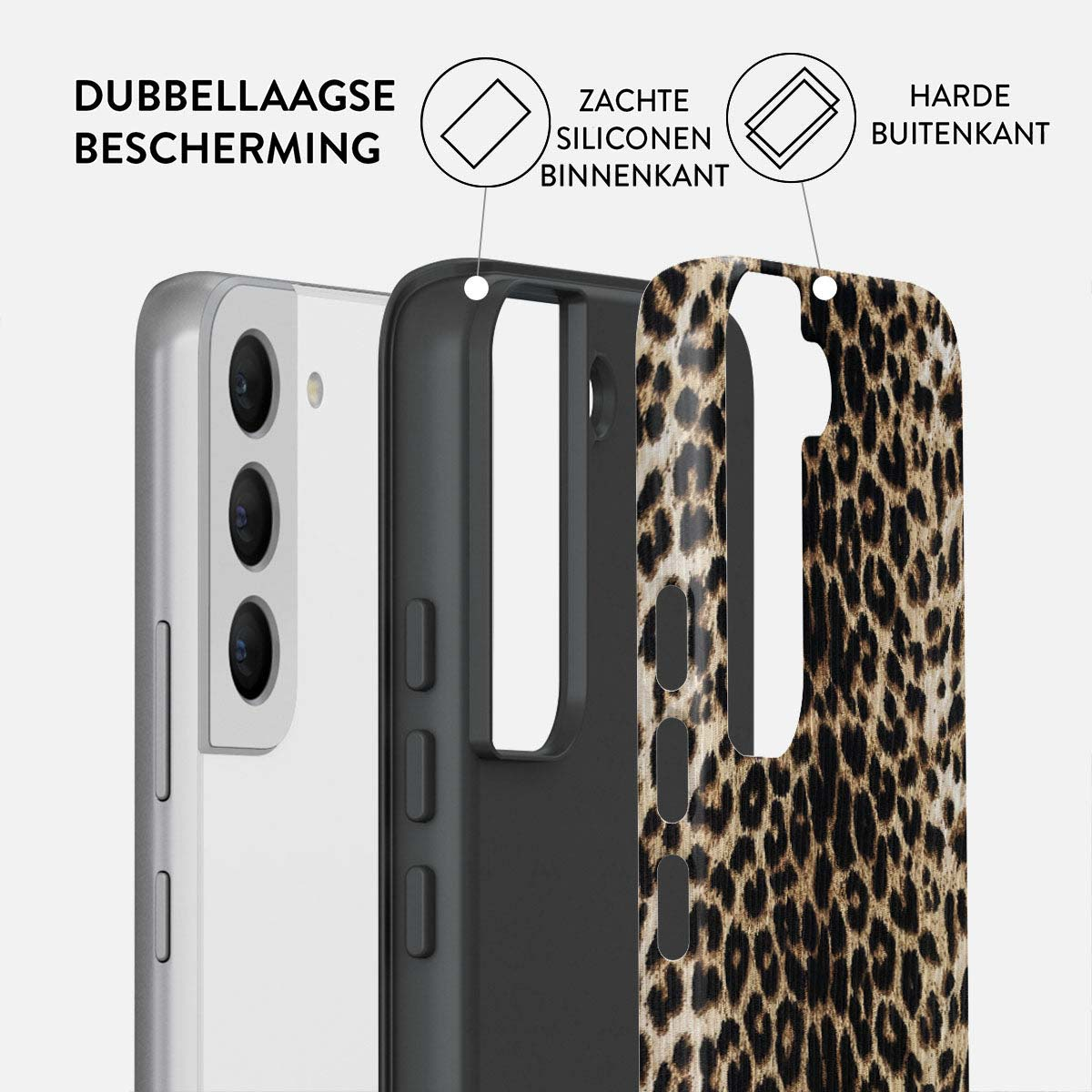Een telefoonhoesje met een luipaardprint. De case is in lagen. De binnenkant is zwart en de buitenkant heeft een harde schaal.