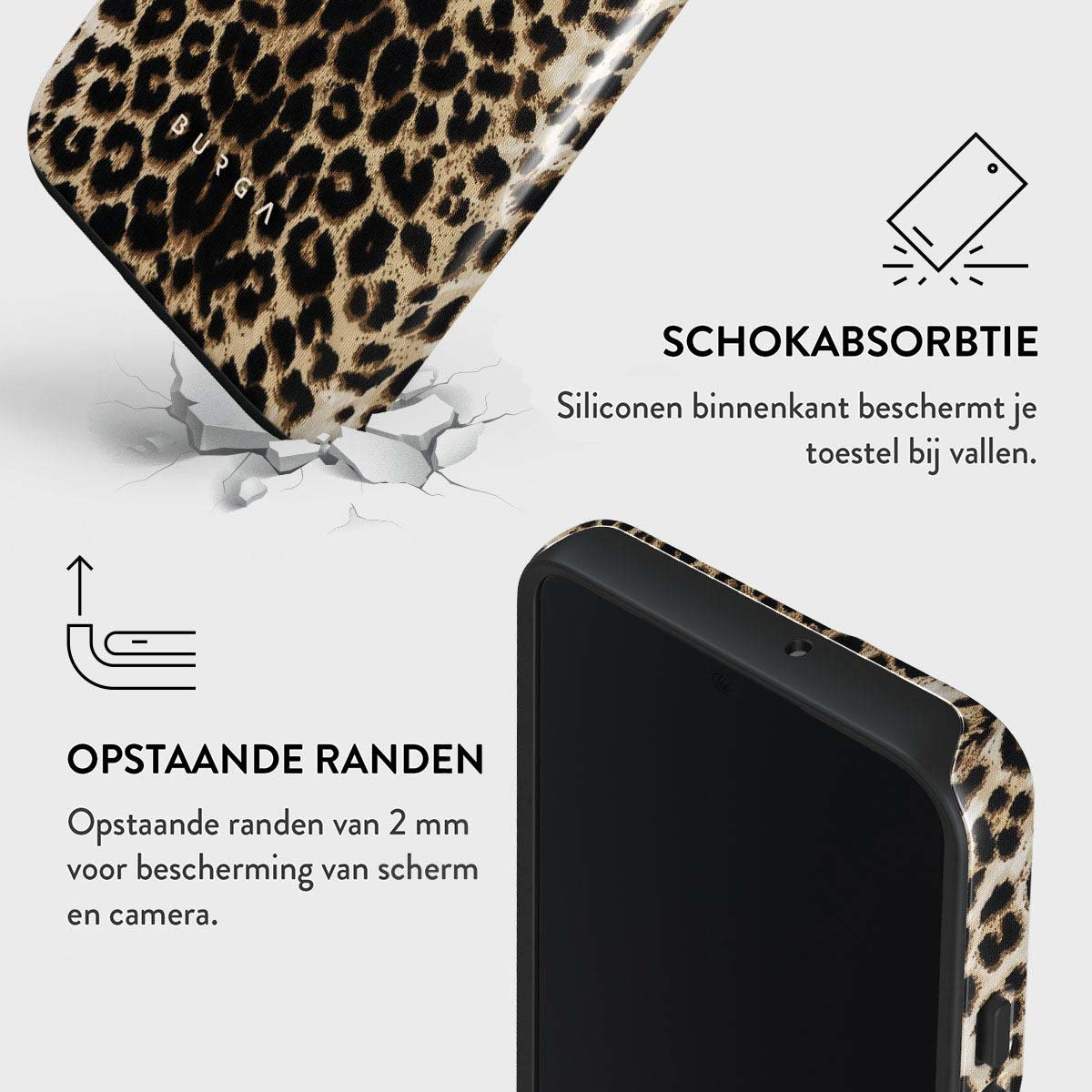 Een telefoonhoesje met een luipaardprint. Het toont de kenmerken van schokabsorptie en verhoogde randen voor bescherming.