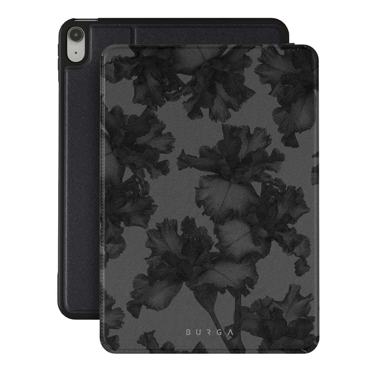 Étui de tablette noir avec motif floral et le mot BURGA en bas. L'étui est ouvert, montrant la tablette.